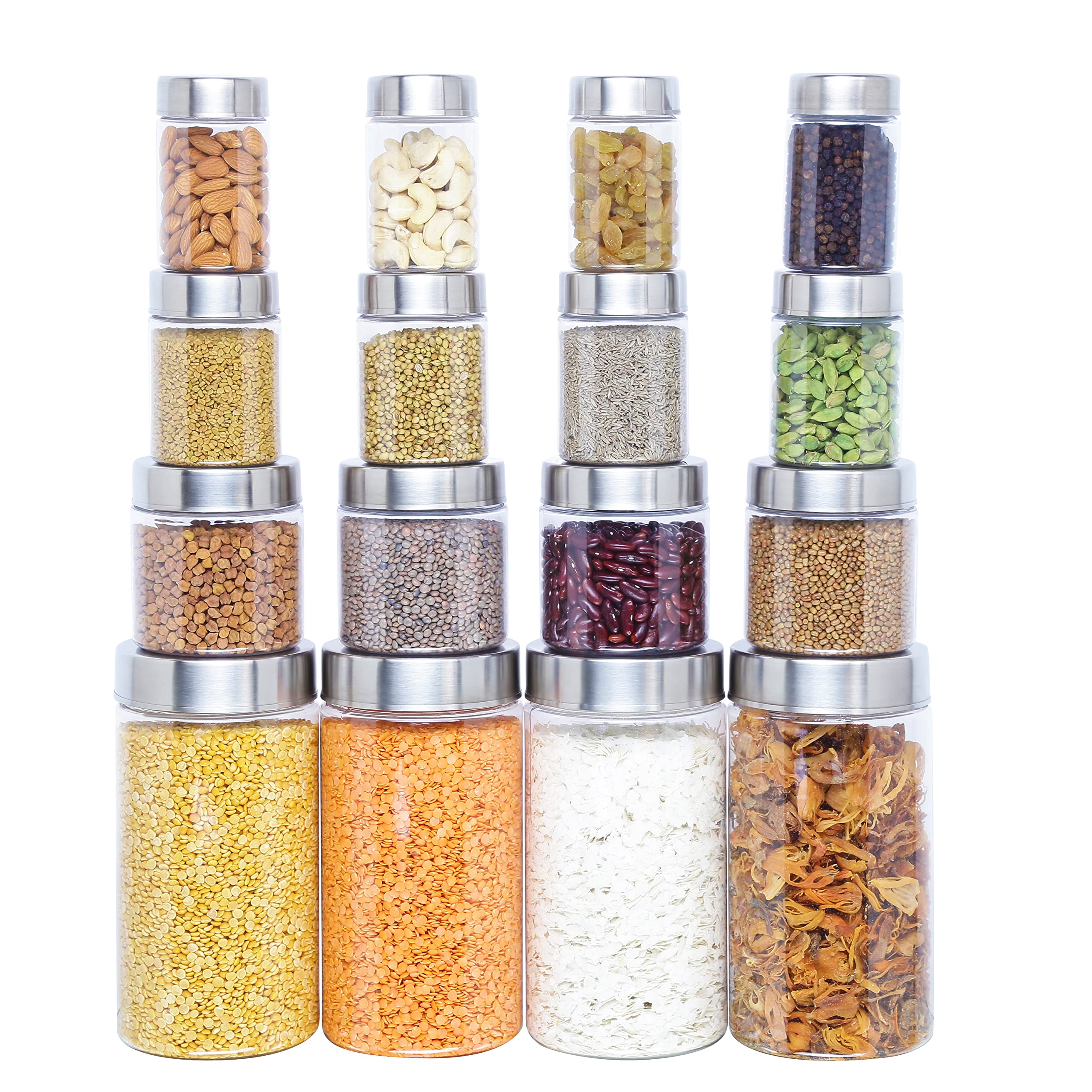 KOLORR Classic Plastic Pet Jar Kitchen Storage Organiser Containers Set of 16 (200ml x 4, 300ml x 4, 500ml x 4, 1700ml x 4) - Transparent