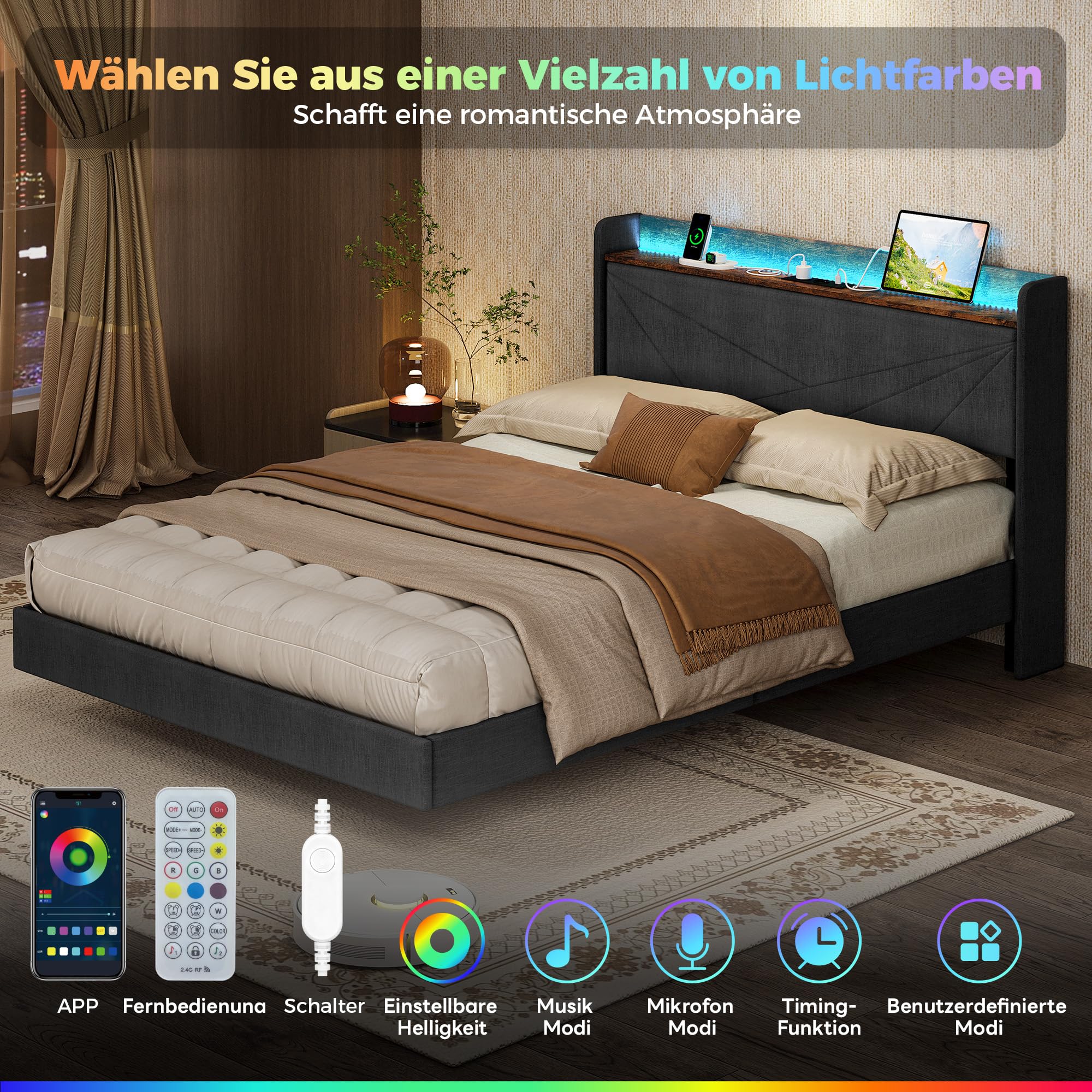 IRONCK Polsterbett 140x200, Schwebebett mit LED-Beleuchtung und Ladestation (USB/USB-C/Steckdosen), gepolstertes Kopfteil mit Stauraum, Bett mit Lattenrost, Doppelbett Bettgestell, Leinen, Dunkelgrau