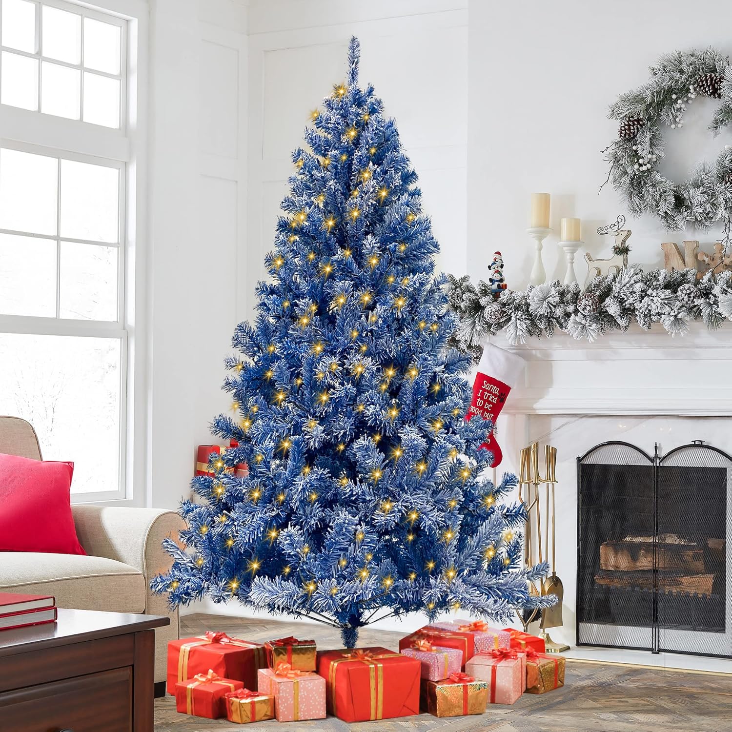 Amazon.com: Merax 6FT Prelit Blue Christmas Tree, Artificial Flocked ...