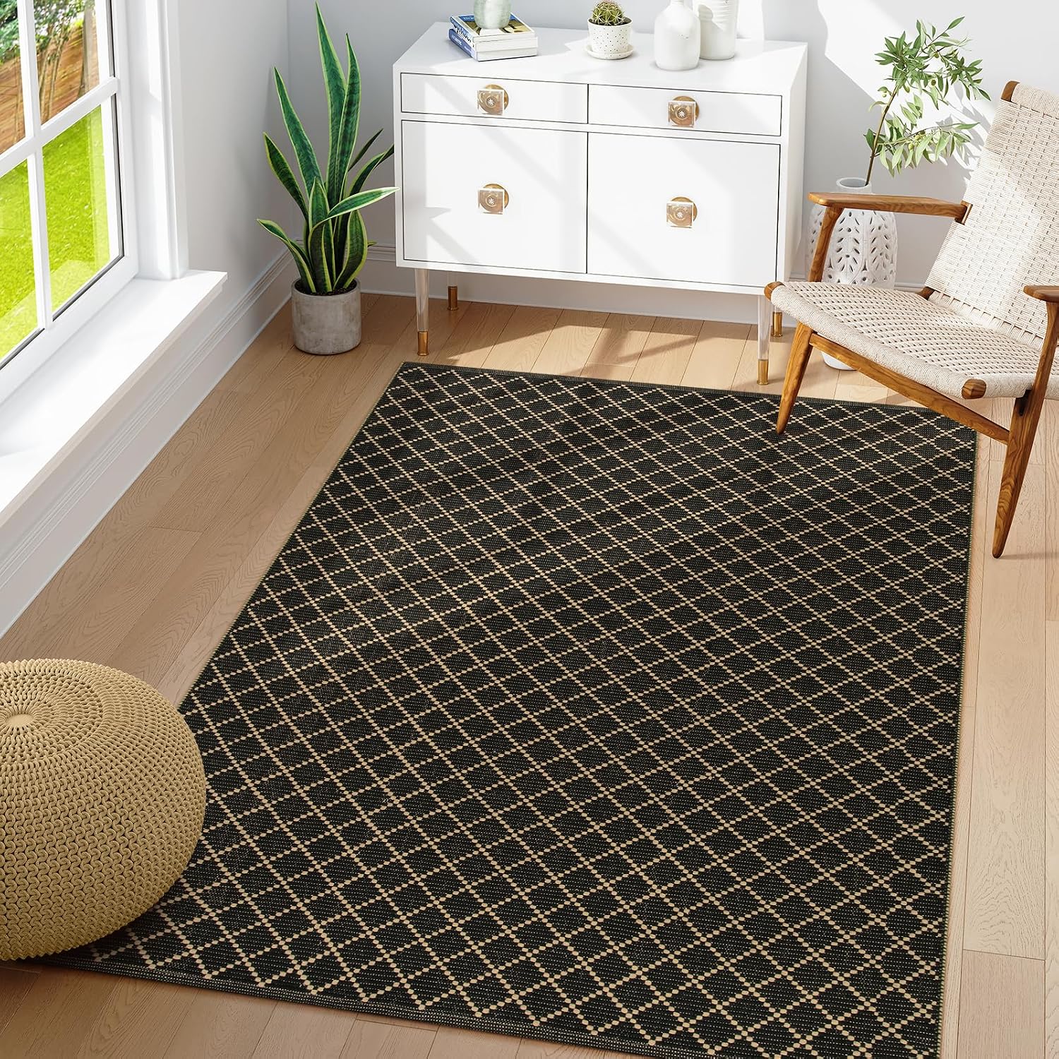 Lahome Checkered Rug, 3x5 Black Area Rug for Bedroom Washable Cotton Office Living Room Rug, Boho Checkerboard Rug Lightweight Black Carpet for Dorm Entry 3' x 5' Black and Khaki