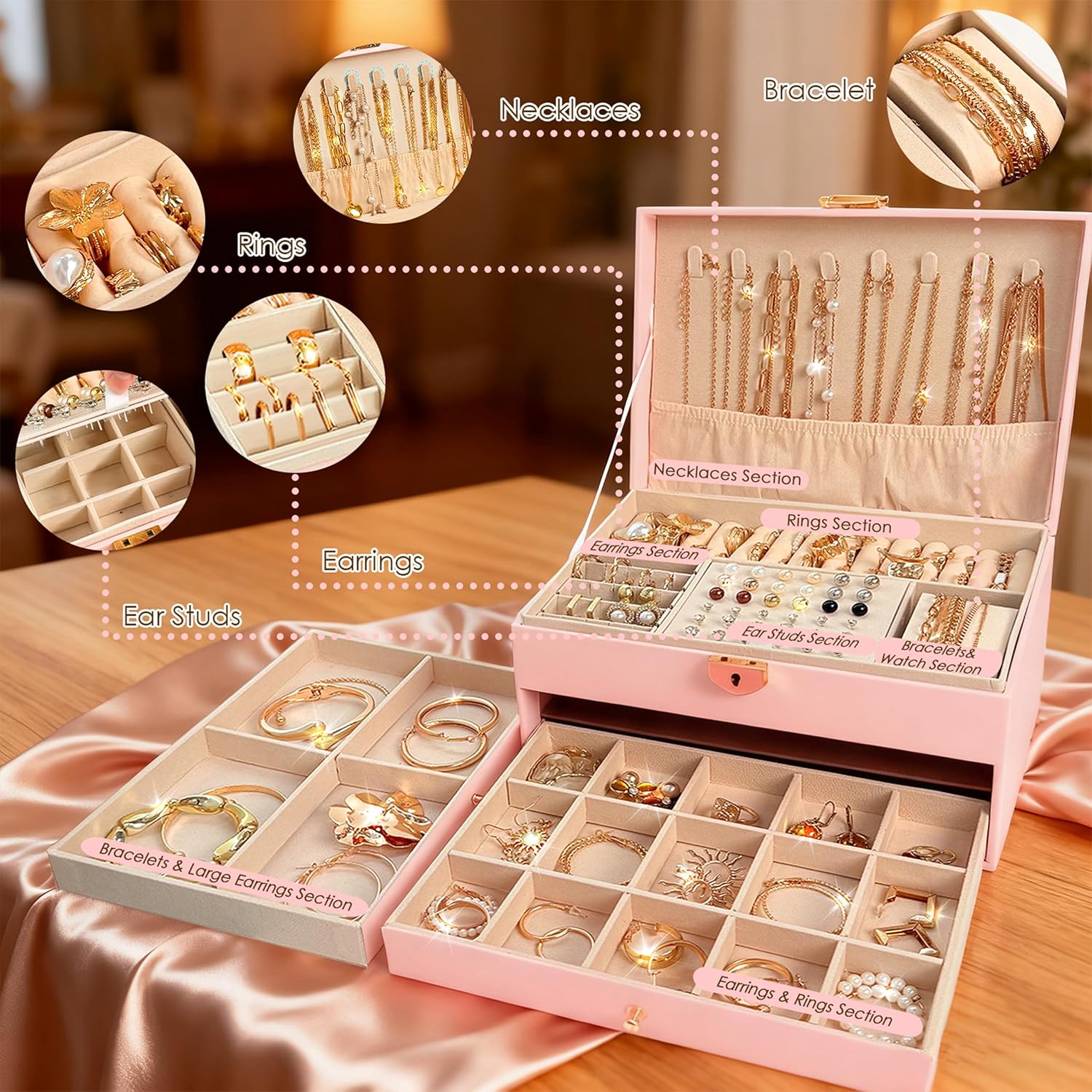 SMUOBT Jewelry Box with Jewelry Set for Women Men - Large Multi-Layer Jewelry Organizer Storage Case with Drawers, Necklace Bracelet Hoop/Stud Earrings Rings Gift Set for Her Him, Unique Birthday Party Gift (Gold/Black Silver) - Image 2