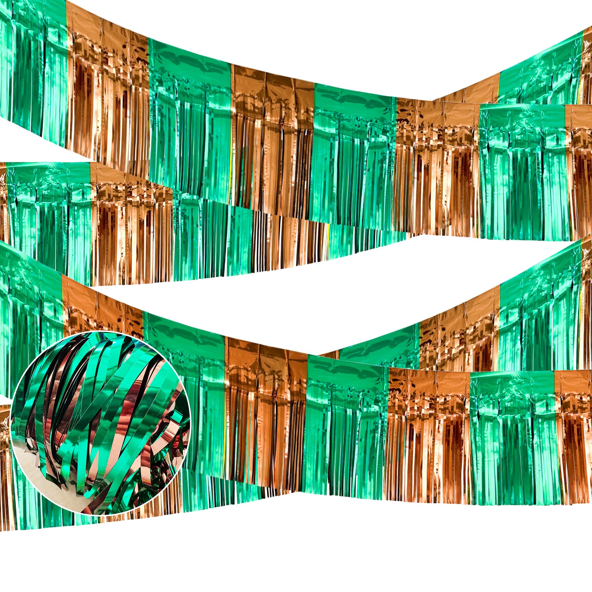 4 Packs Total 39 Ft Super Ball Parade Floats for Trailer Car, Green Brown Foil Fringe Garland Tinsel Streamers Hanging Backdrop Banner Table Skirts for Graduation Homecoming Birthday Football Party
