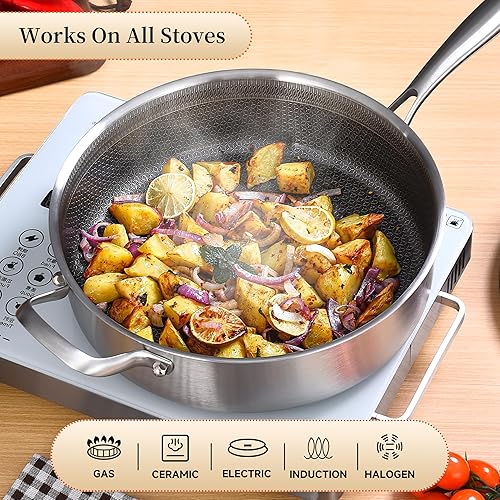 Miniatura 3 de LOLYKITCH Sartén híbrida de acero inoxidable de tres capas antiadherente de 6 cuartos con tapa, sartén de 12 pulgadas de profundidad, sartén grande,