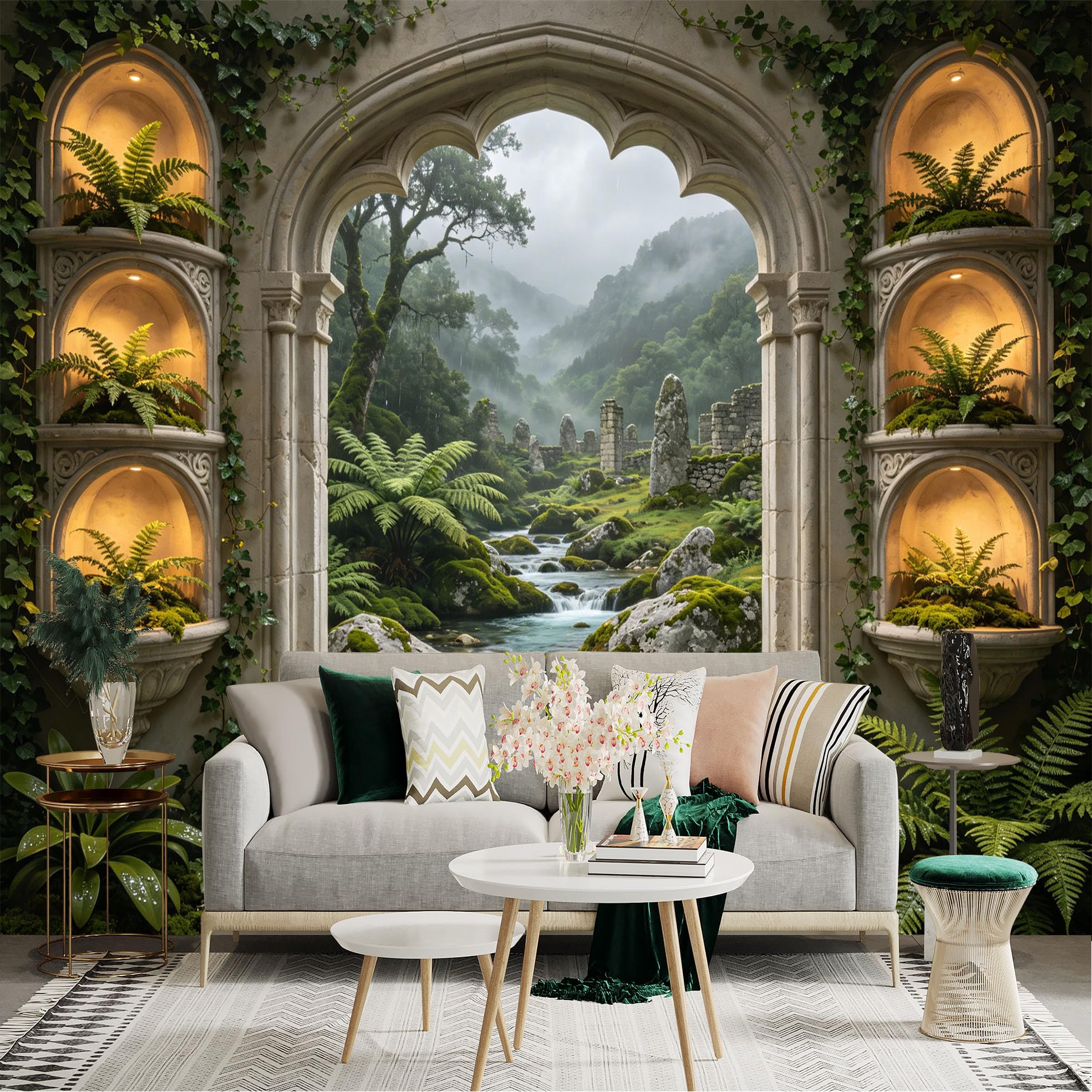 Lnzczhyre Dbh260521073 Custom Size Wall Sticker Mural， Enchanted Stone Archway With Mist Forest River And Fern Niche， For Wall Decoration， Peelandstick Wall Decals.