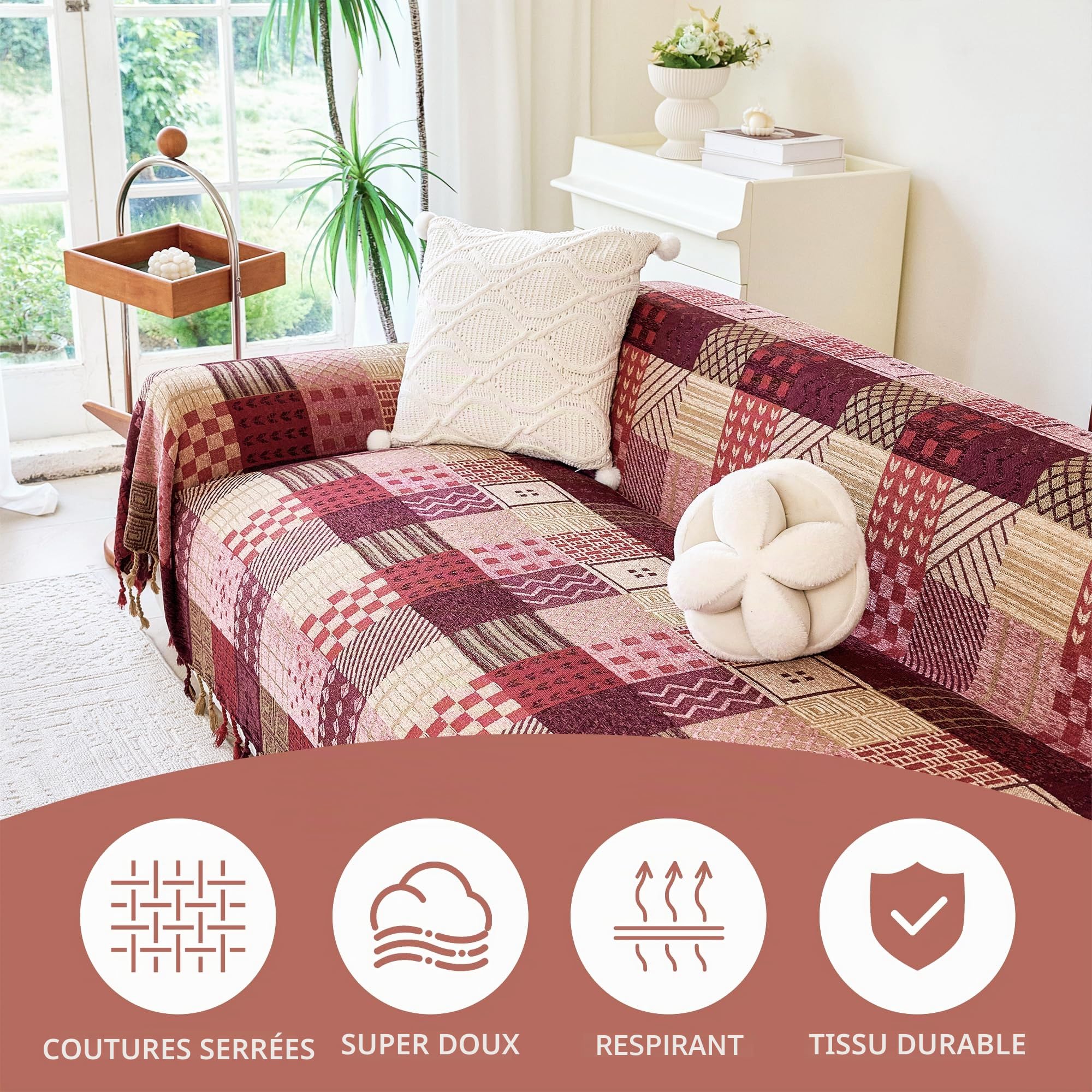 VANJOROY Plaid de canapé-lit 100% chenille bohème grand pour 2 3 places - Plaids extra larges pour canapés, plaid patchwork doux pour canapé, comme couvre-lit, tapis, lit, cadeaux - 220x260cm, rouge
