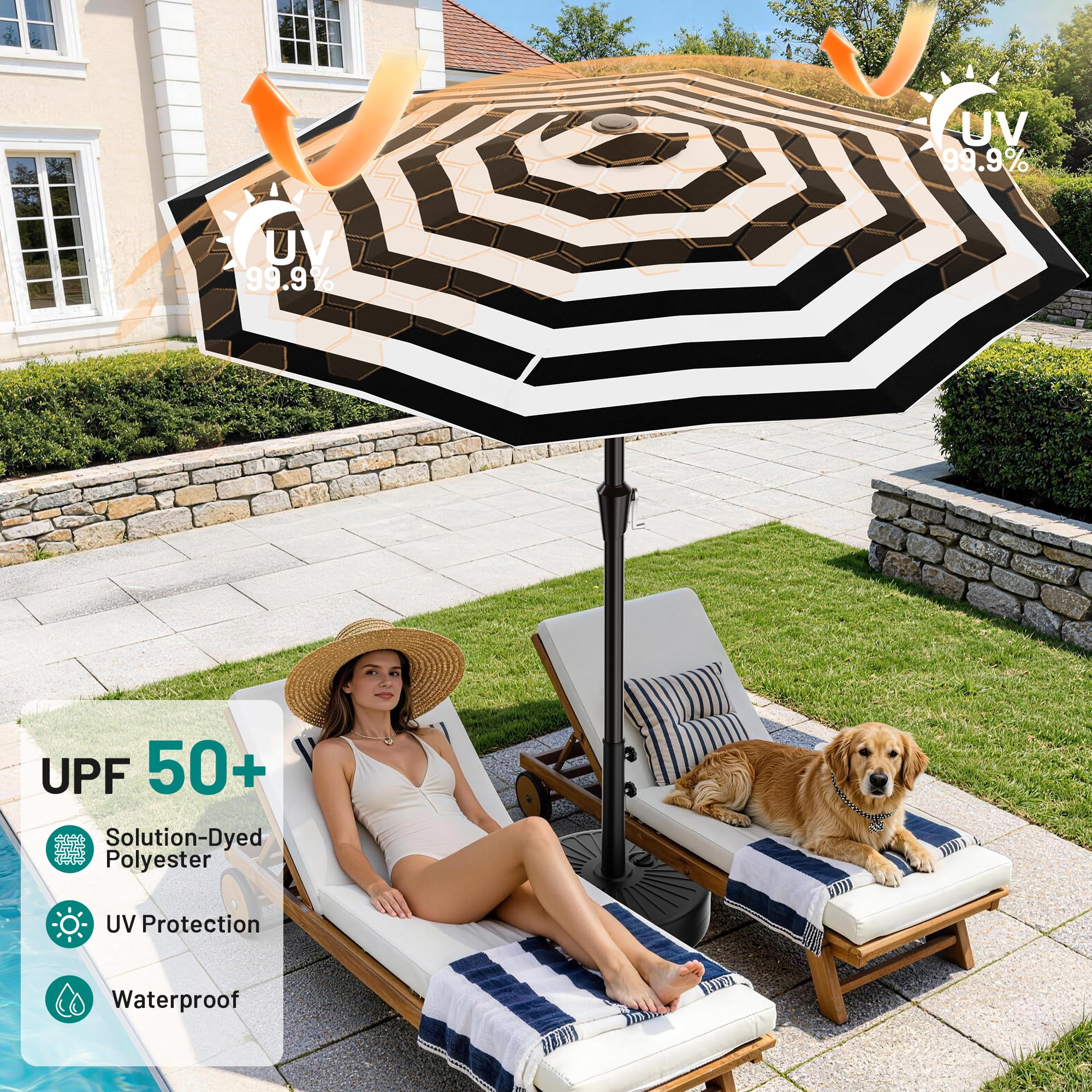 AreShark 9 FT Patio Umbrella for Outdoor, Outdoor Table Umbrella with Push Button Tilt and Crank, Outdoor Patio Umbrellas with 8 Sturdy Ribs for Market, Garden, Pool (Black & White