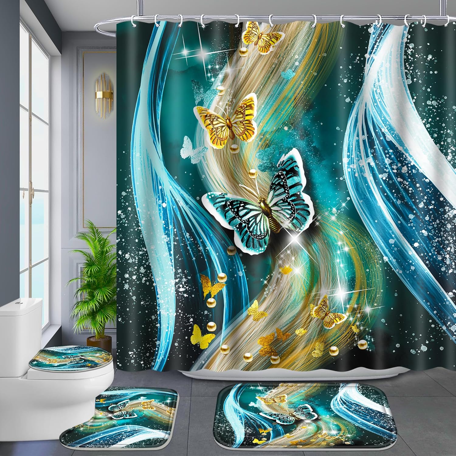 Poedist 4 Pcs Bathroom Shower Curtain Set,Blue Light Butterfly Bathroom Sets with Rugs(Bath Mat,U Shape and Toilet Lid Cover Mat) and 12 Durable Hooks