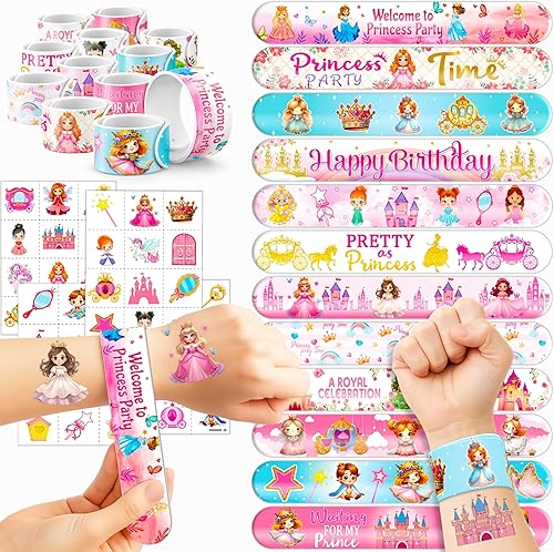 Juego de 72 piezas de fiesta de princesita – 48 tatuajes temporales y 24 pulseras de bofetada – Bonitos suministros de cumpleaños, regalos de baby