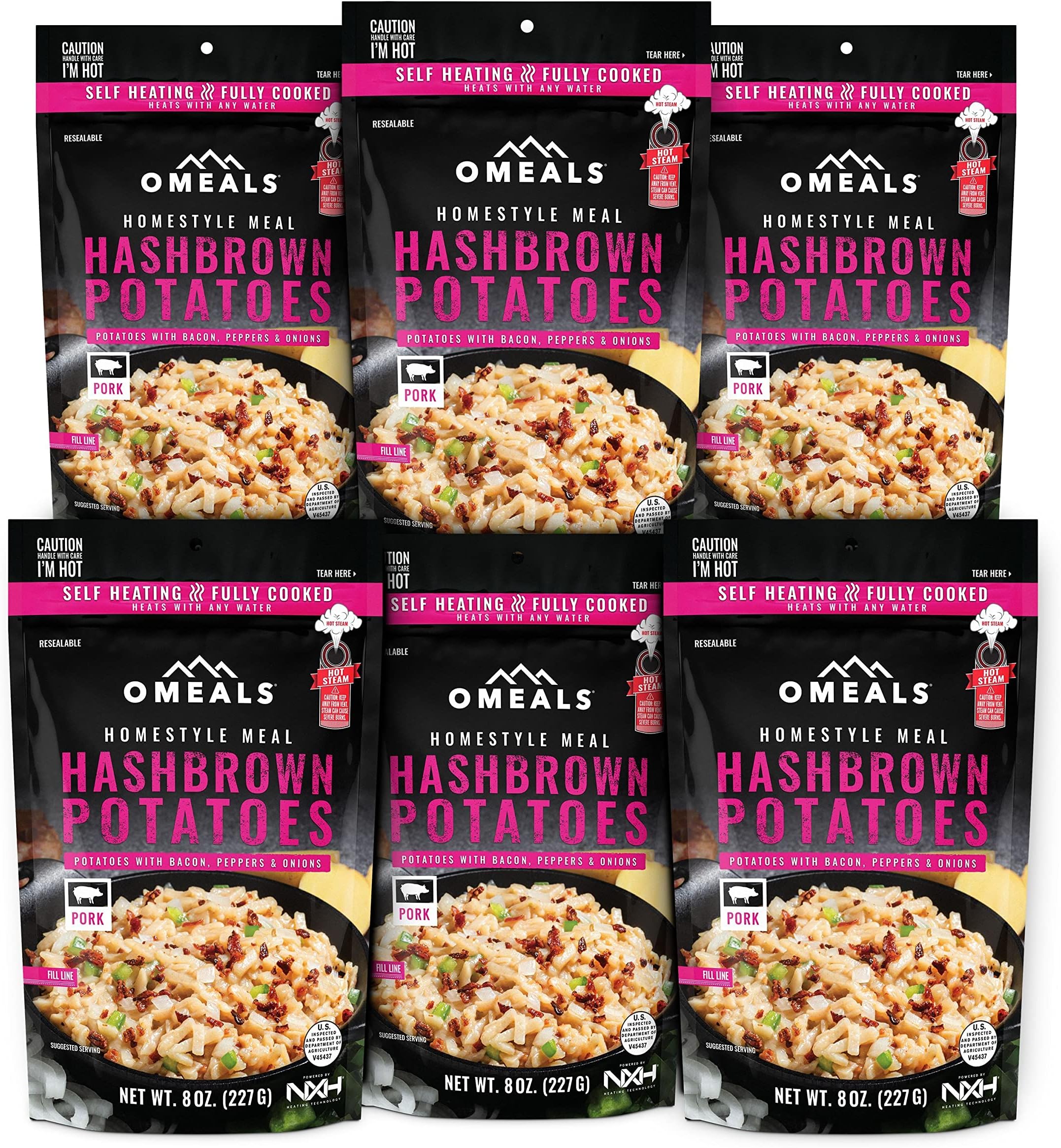 OMEALS Hashbrown Potatoes w/Bacon, Onions & Peppers Good to Go Meals - Self Heating Emergency Food Supplies, Fully Cooked Backpacking Meals and Camp Food - USA - 6 Pack
