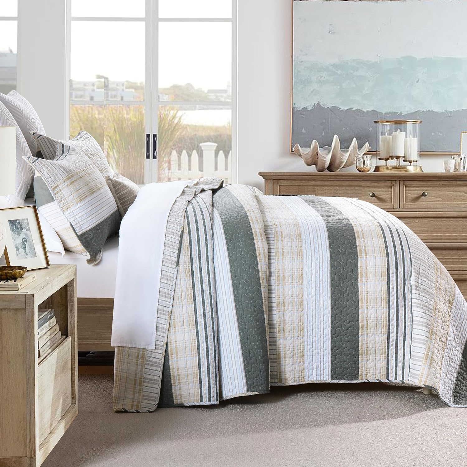 Homzard Quilt King Size - Cotton King Size Comforter,Beige Grey Plaid Bedding Set,Striped Bedspread Set(106 * 98 Inches),3 Piece - Image 3