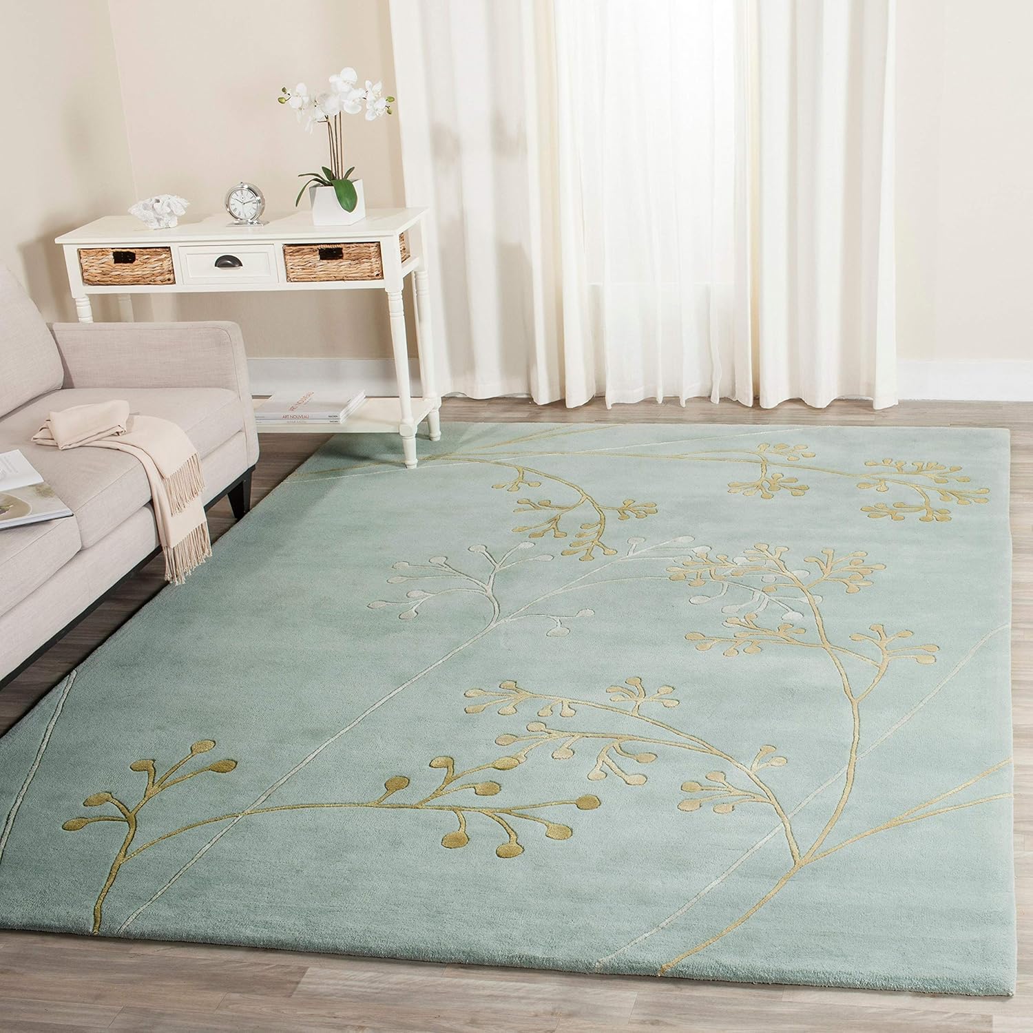 Hand-Tufted Light Blue Wool Area Rug, Modern Floral Vine Design, Soft Plush Handmade Carpet for Living Room, Bedroom & Home Décor (2.6x8 Feet)