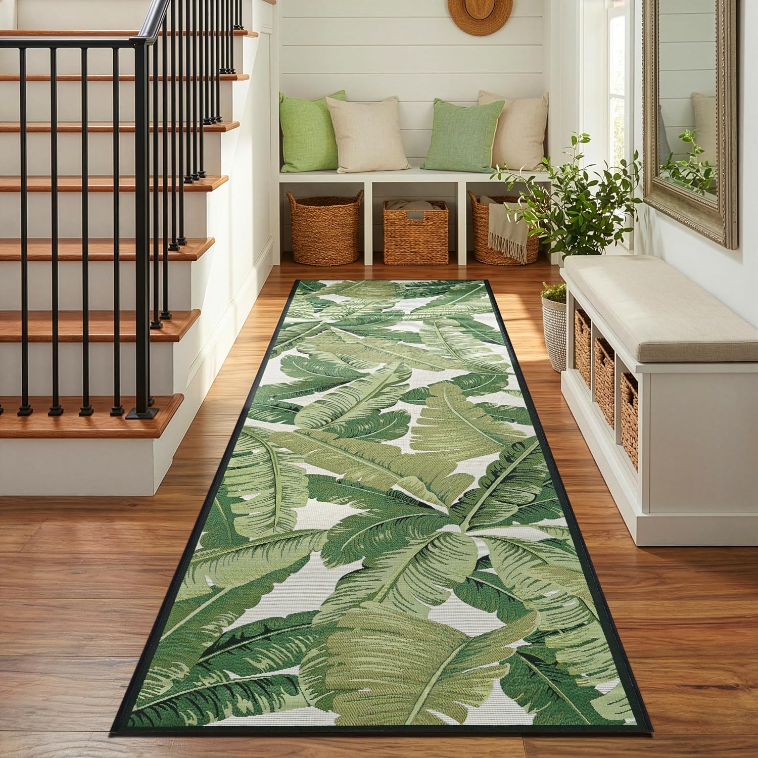 Couristan Dolce Outdoor Area Rug - Palm Lily 2'3" x 7'10" Runner in Hunter Green and Ivory, Durable, Easy to Clean, Flatwoven Floor Covering for Patio, Entryway Or Mudroom