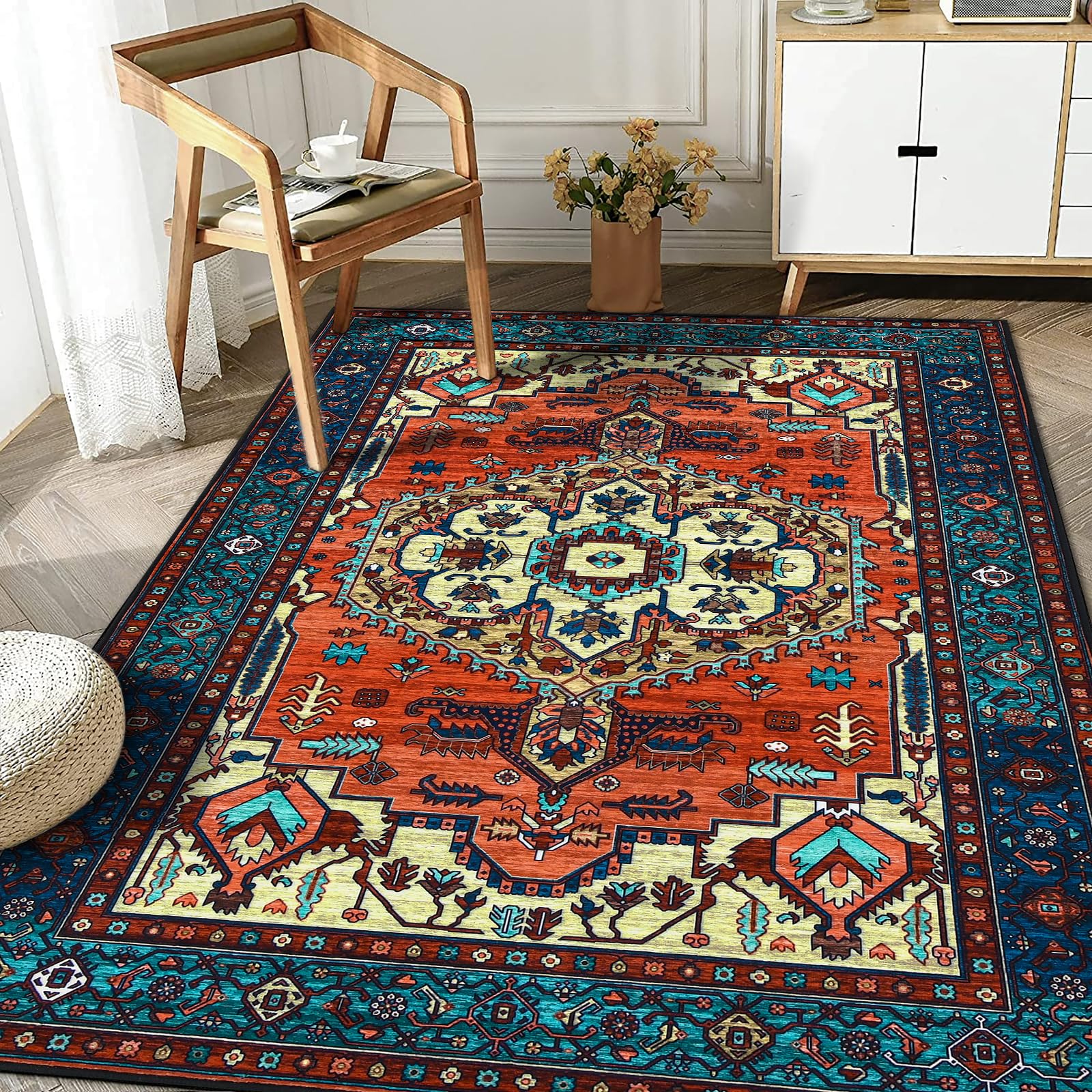 WONGS BEDDING Boho Teppich Wohnzimmer Schlafzimmer Kurzflor Teppiche Waschbar Weich rutschfest Vintage Design