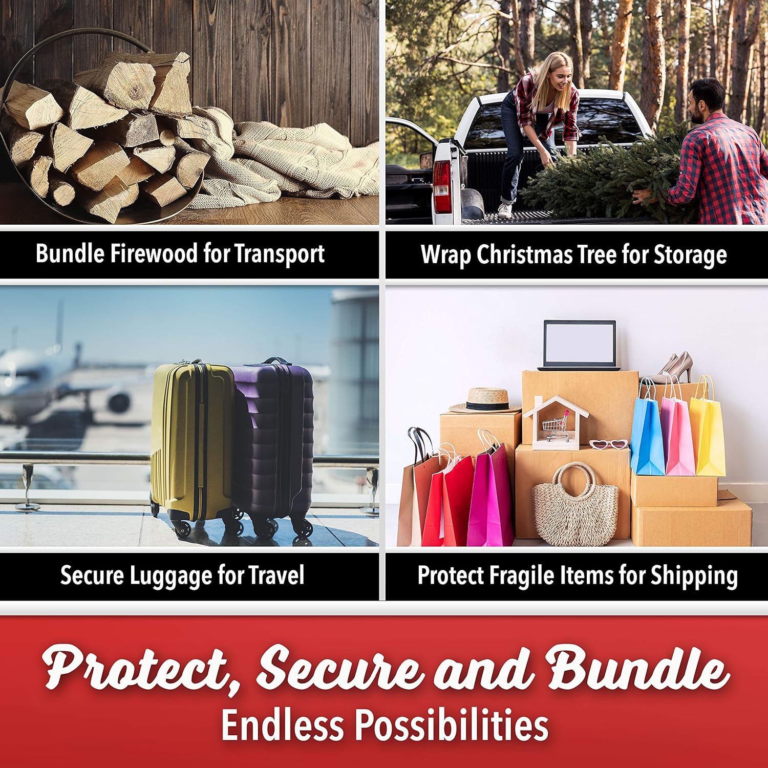 Simply Cool 12 Pack Industrial Strength Mini Hand Stretch Wrap with 2 Plastic Handles and 4 Pack Black Stretch Wrap Industrial Strength Extra Thick 18" 1100 SqFt 80 Gauge