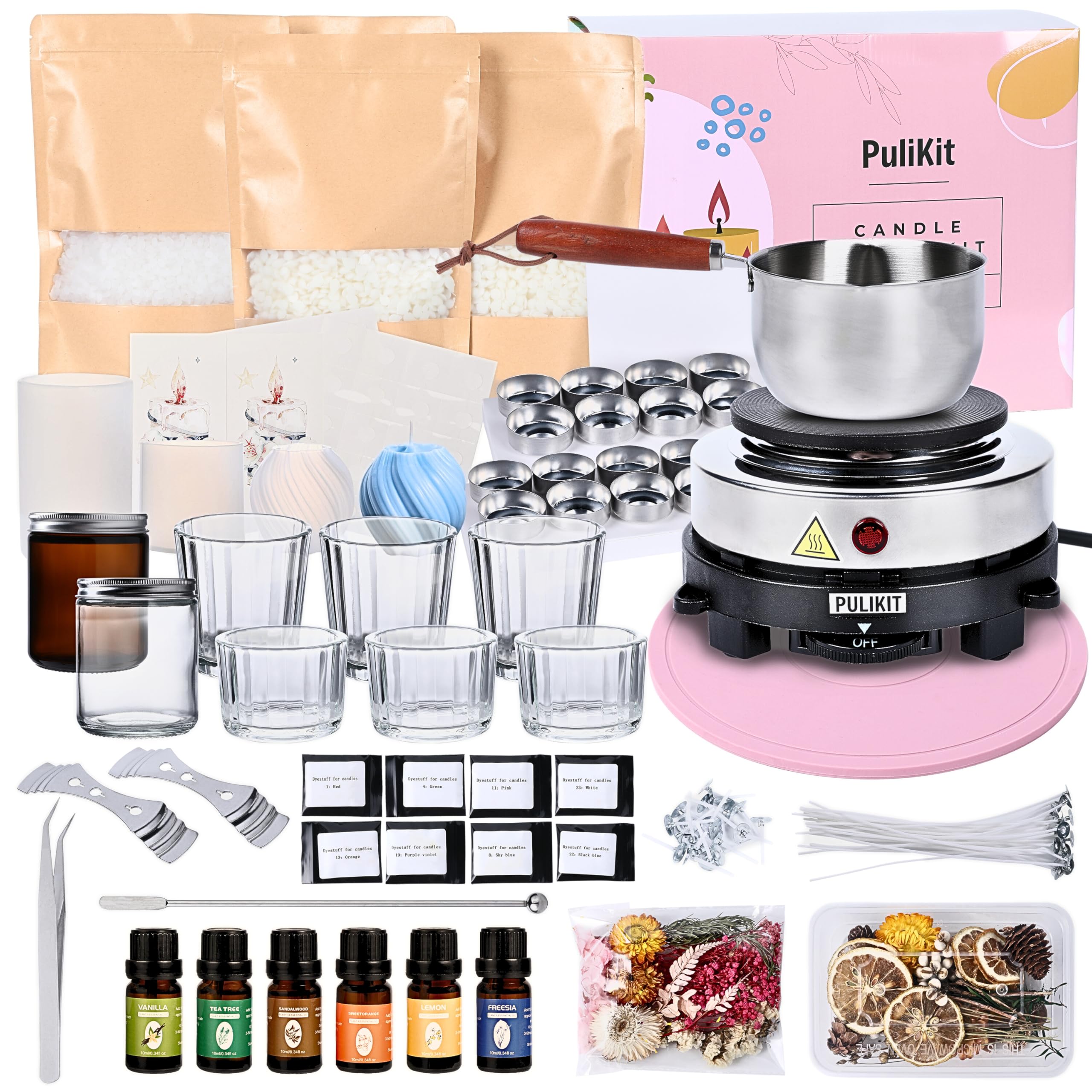 Kit de 85 velas PuliKit para adultos, cera de soja, aceites esenciales, flores secas, herramientas y regalo para principiantes.