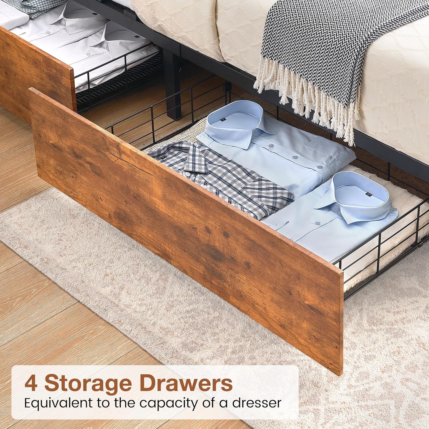 Four under-bed storage drawers of the GAOMON bed frame, filled with clothes