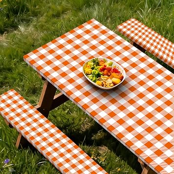 Orange Plaid Picnic Table Cover with Bench Covers, 96in Waterproof Elastic Edges Rectangle Patio Tablecloth Outdoor Camping Essentials Stuff Rv Accessories Summer Travel Trip Camper Gifts