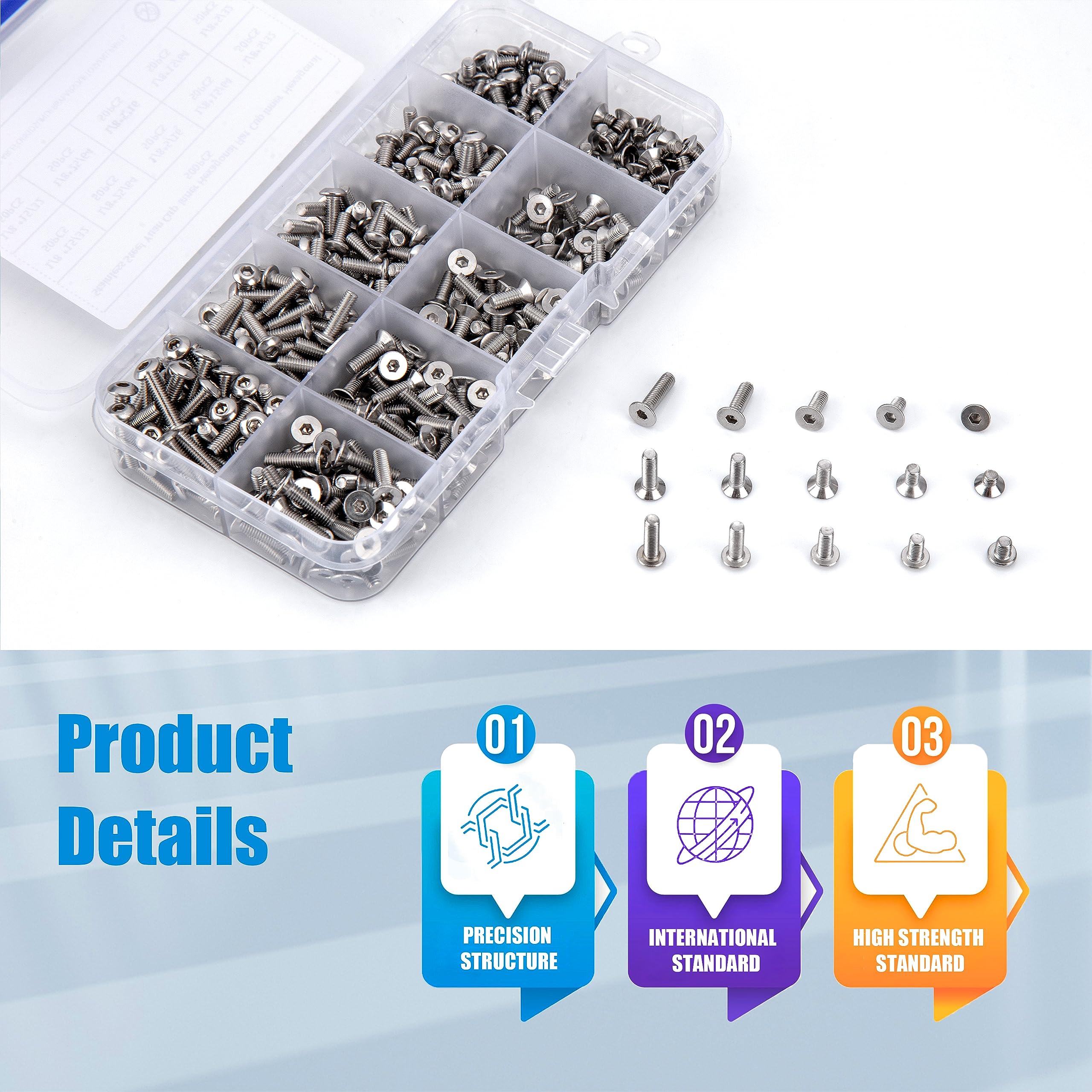KOXXIAMOQ 500 Pcs M3 Bolts Set, Include 250 Pcs Countersunk Flat Hex Socket Button Head Screws - Image 3