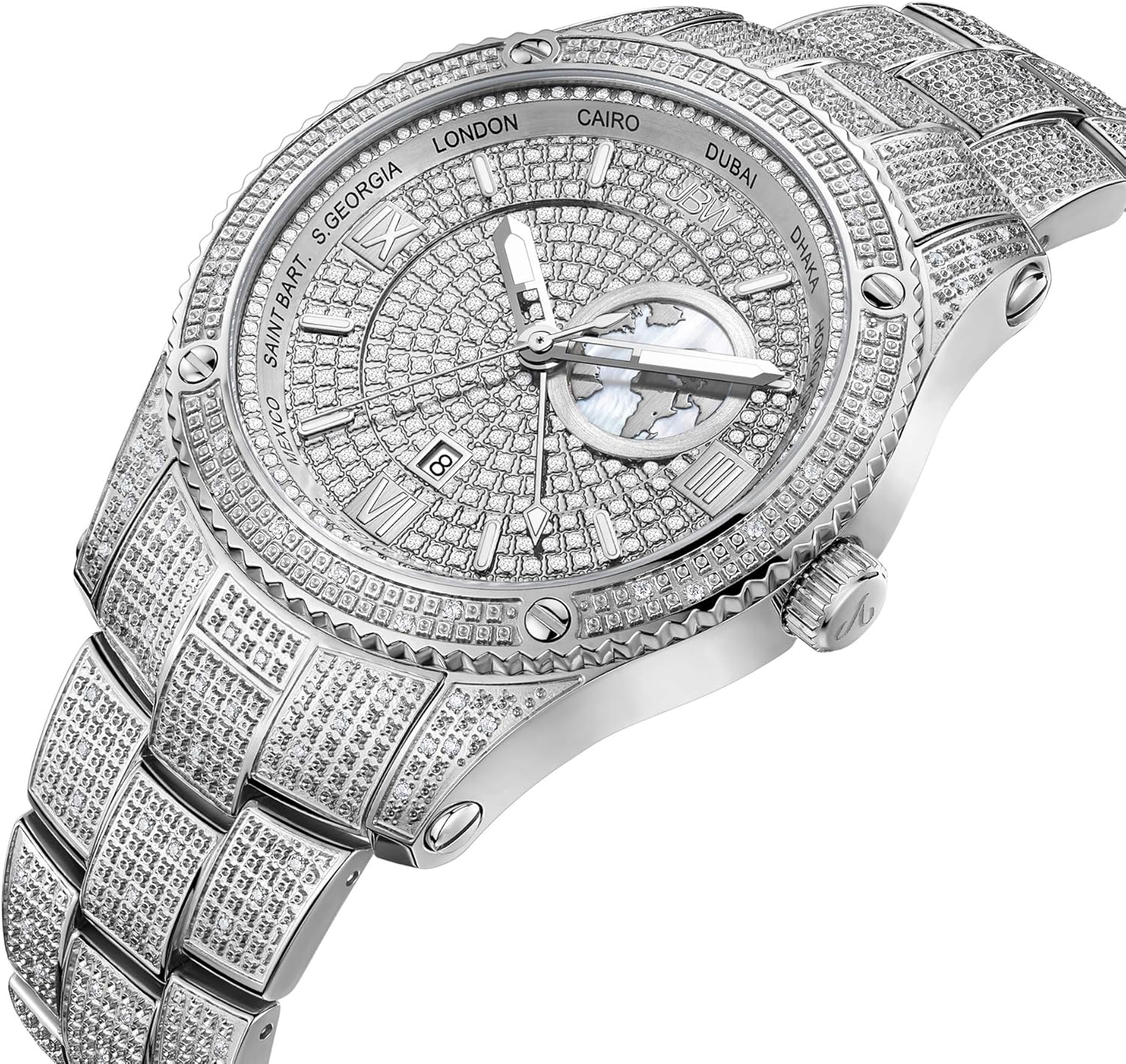 JBW Luxury Men's Jet Setter GMT J6370 1.00 ctw Diamond Wrist Watch with Stainless Steel Bracelet