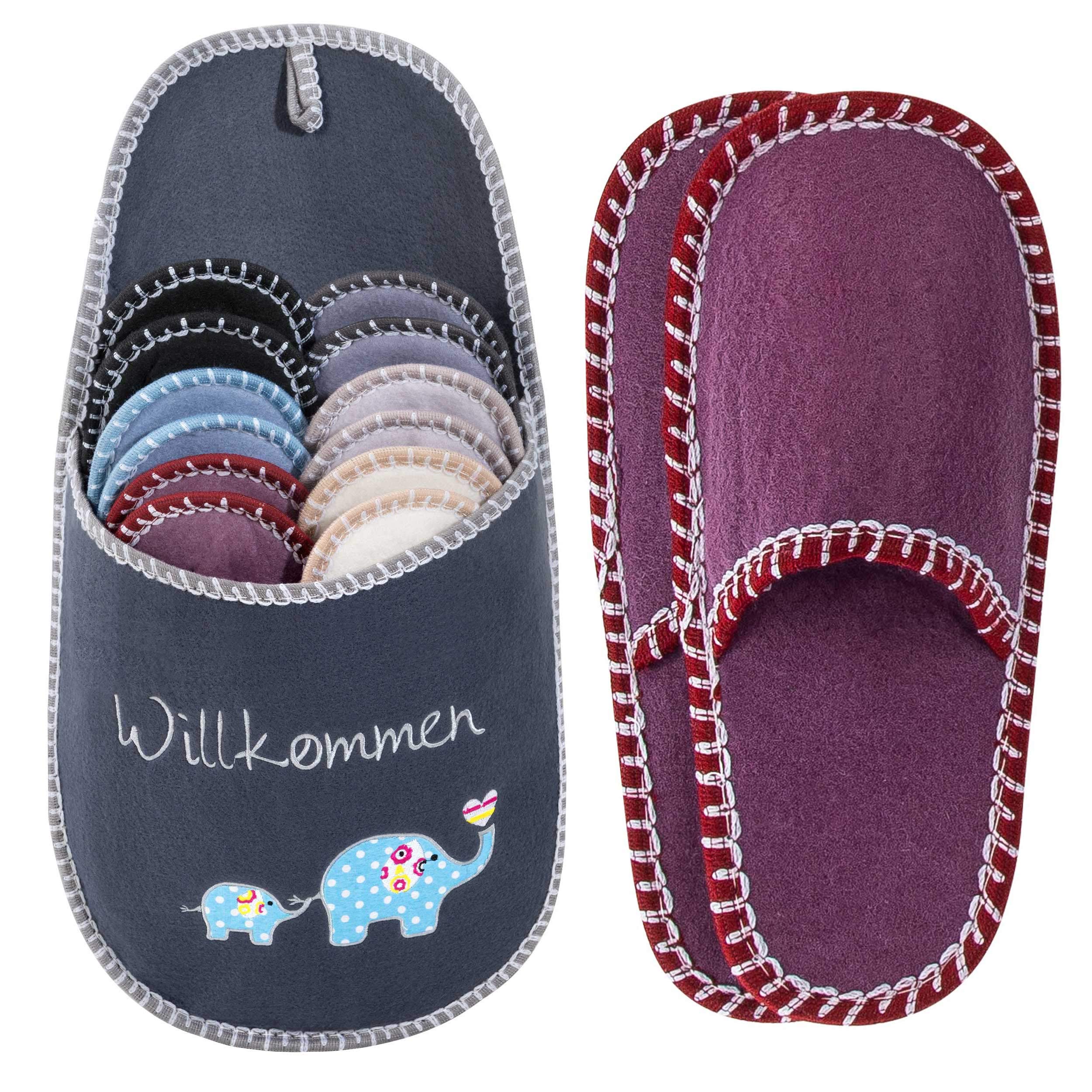 ONVAYA Zapatillas De Huéspedes Antideslizantes - Juego De 6 Pares (Tallas 36-45), Fieltro Lavable, Bolsa Almacenaje Decorativa, Para Visitas