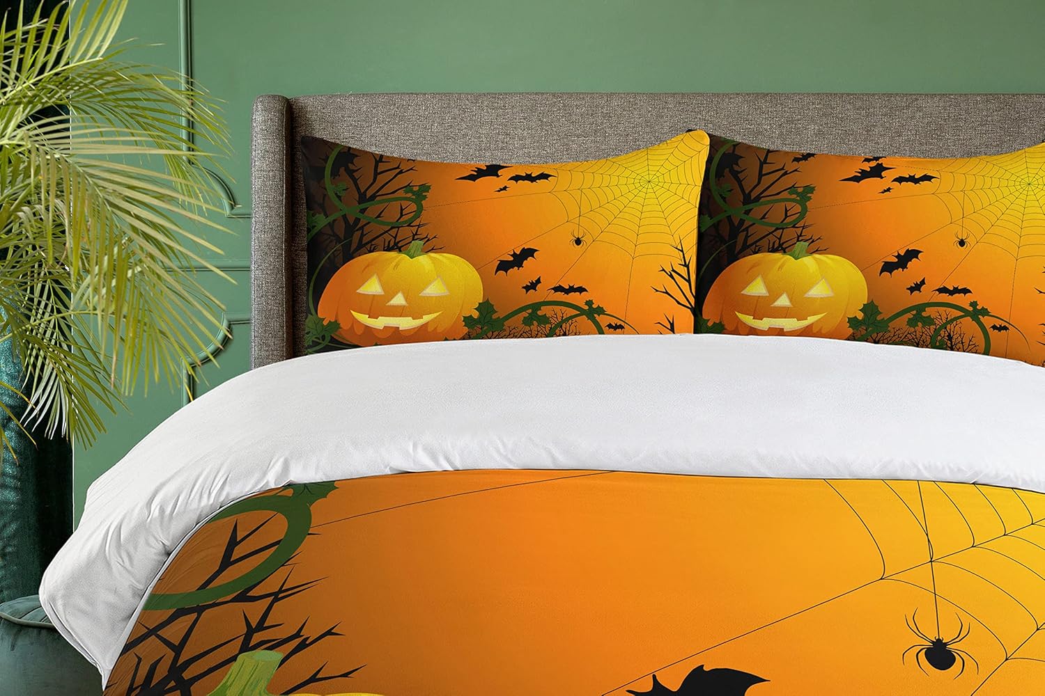 Ambesonne Halloween Duvet Cover Set, Spooky Season Themed Composition of Pumpkins Leaves Trees and Bats, Decorative 3 Piece Bedding Set with 2 Pillow Shams, Queen Size, Dark Green Orange Black