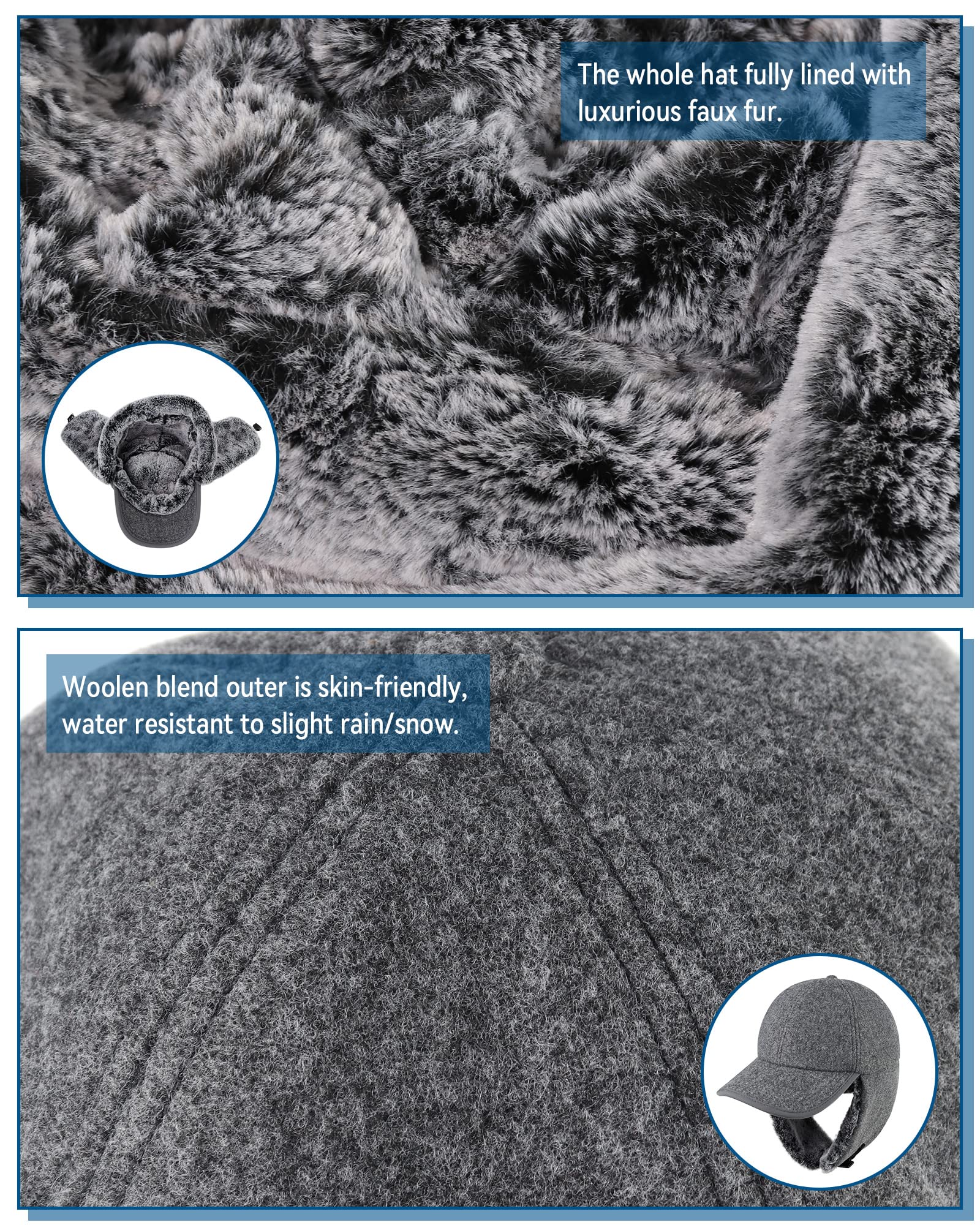 Gisdanchz Gorro Invierno con Orejeras Largas - Exterior de Mezcla de Lana, Piel Sintética Totalmente Forrada
