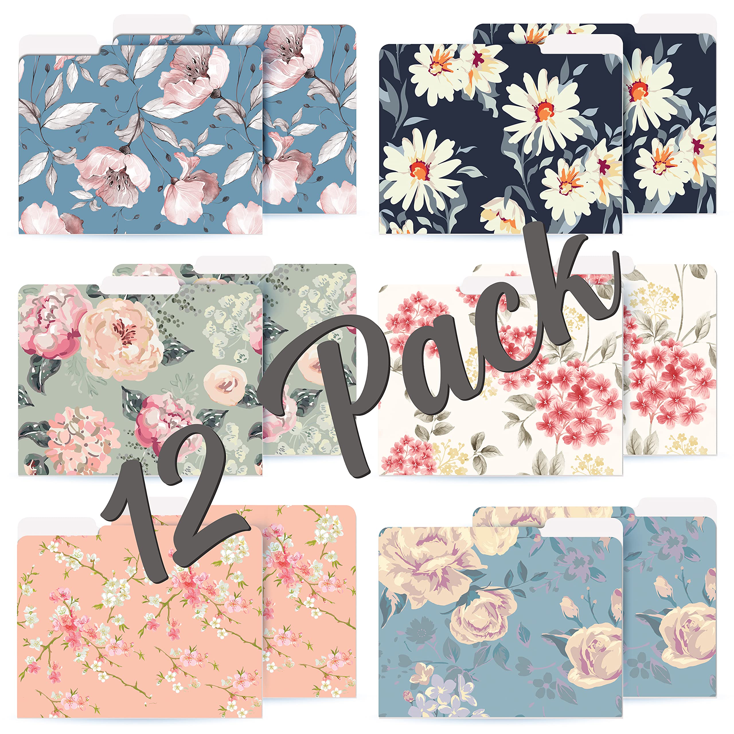 Better Office Products Carpetas decorativas para archivos, paquete de 12, 6 diseños, pesadas, tamaño carta (9.5 x 11.5 pulgadas) con pestaña de corte de 1/3, diseños florales tradicionales con acabado