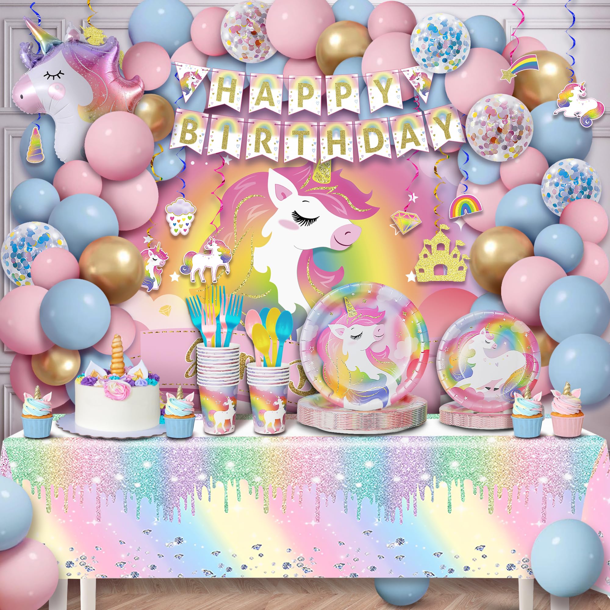 Unicorn Birthday Decorations for Girls, Unicorn Party Supplies Kit, All in One Birthday Decor Set,Party with 12 Tableware Sets, Banner, Backdrop,