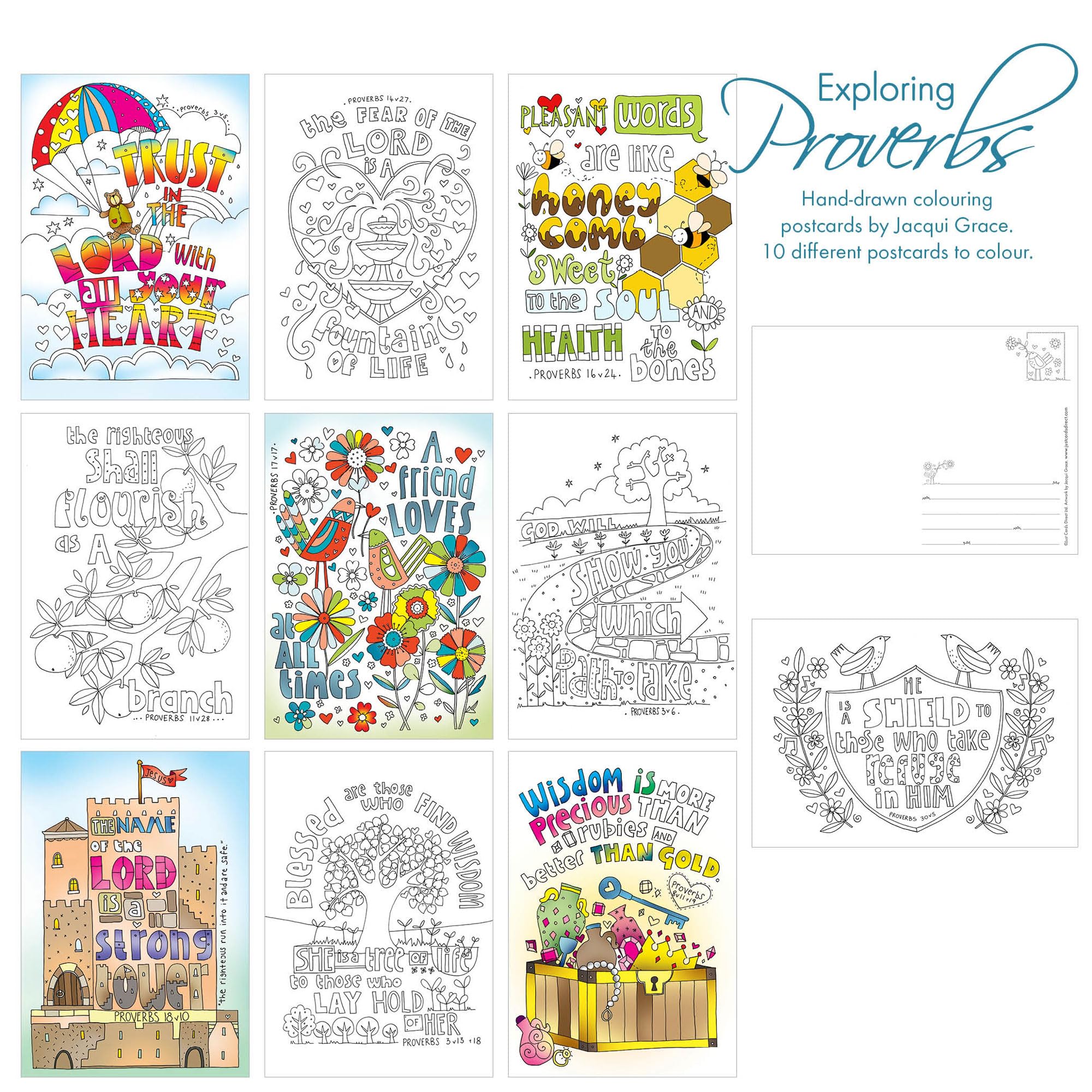 Christian Colouring Postcards, Proverbs, Pack of 10 different designs - Image 3