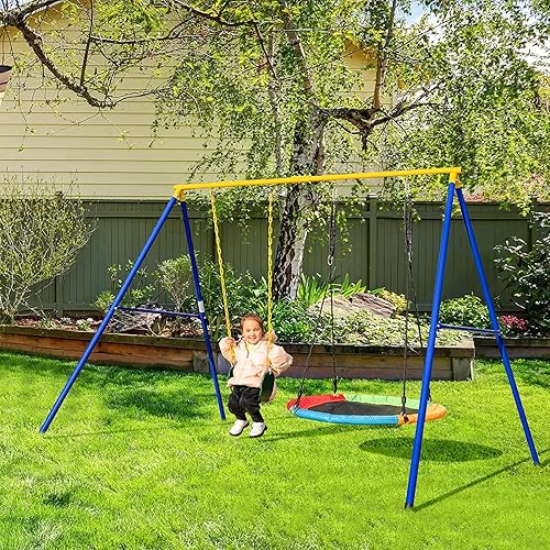 Miniatura 9 de HONEY JOY Juego de bastidor de metal de 2 asientos de 660 libras con columpio de platillo y columpio de cinturón, soporte de columpio resistente