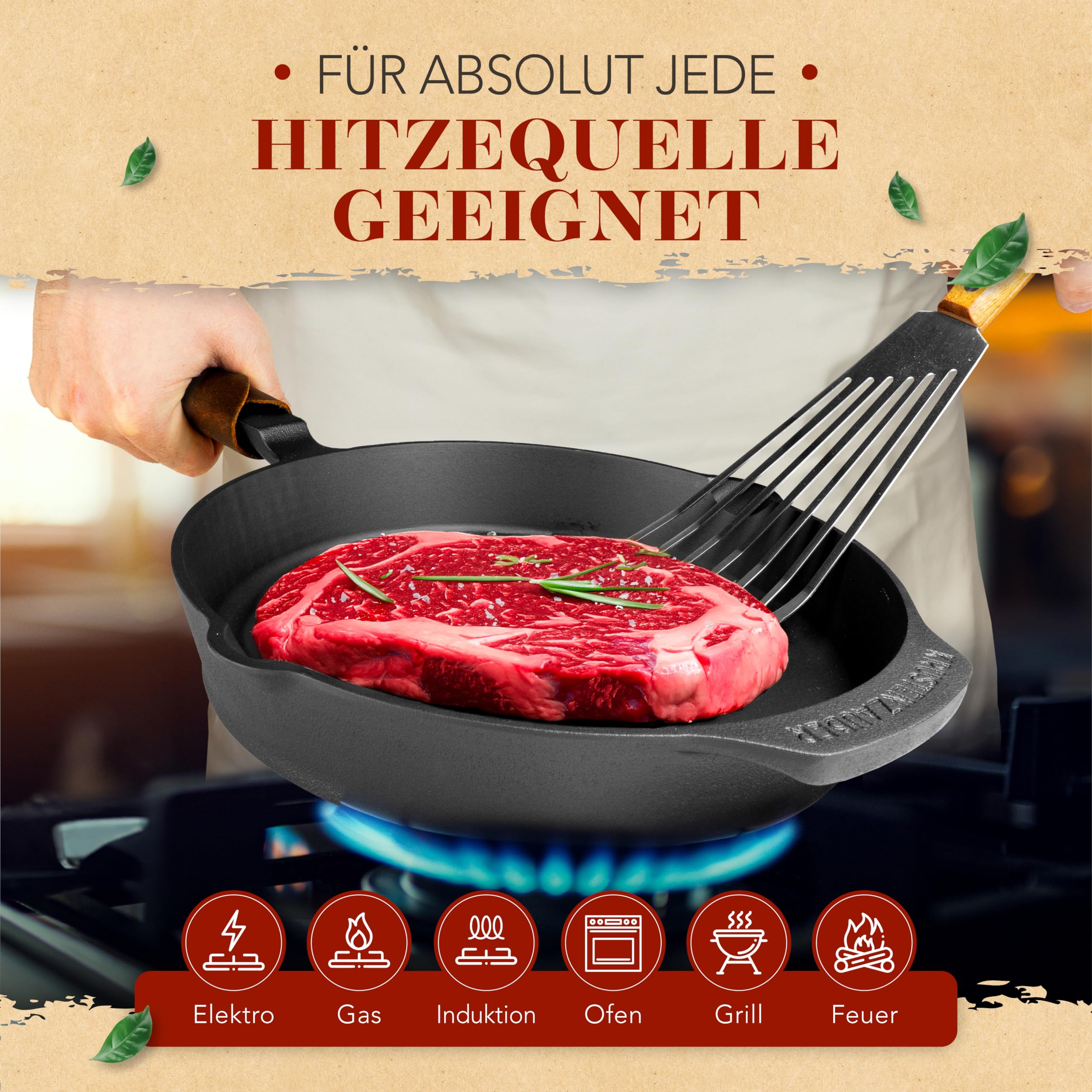 KRUSTENZAUBER Gusseisenpfanne Induktion 28cm inkl. Anleitung und Rezeptbuch - Geschliffene Pfanne Gusseisen, Eisenpfanne, Cast Iron Pan, Gusspfanne, Gusseiserne Pfanne, Gusseisen-Pfanne, Gusspfanne