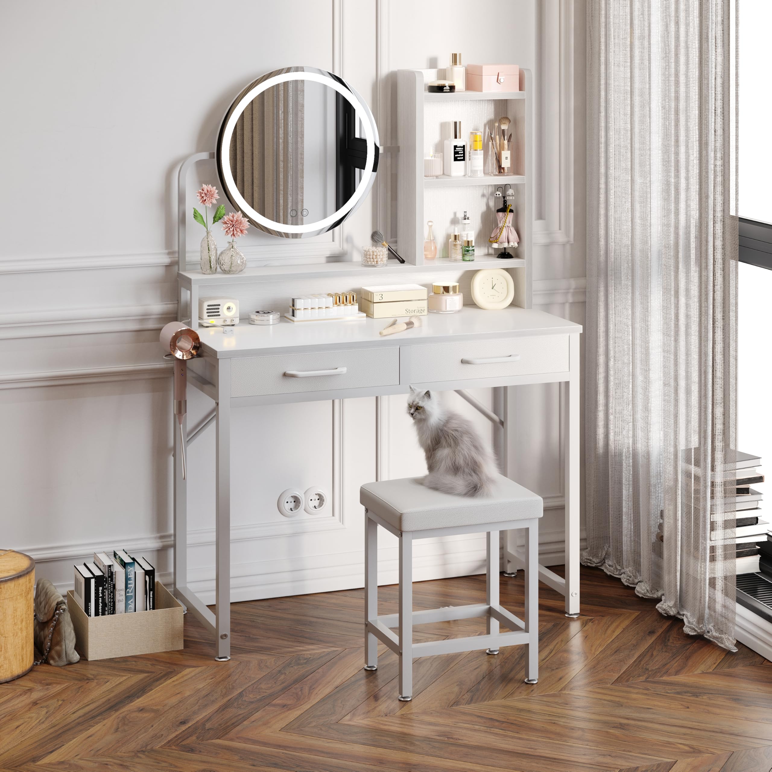 ODK Bureau Coiffeuse avec Miroir LED, avec Miroir Réglable en Hauteur pour 120-180 cm, 2 Tiroirs en Tissu et 4 Compartiments Ouverts, 80×40×136cm Coiffeuse Blanche