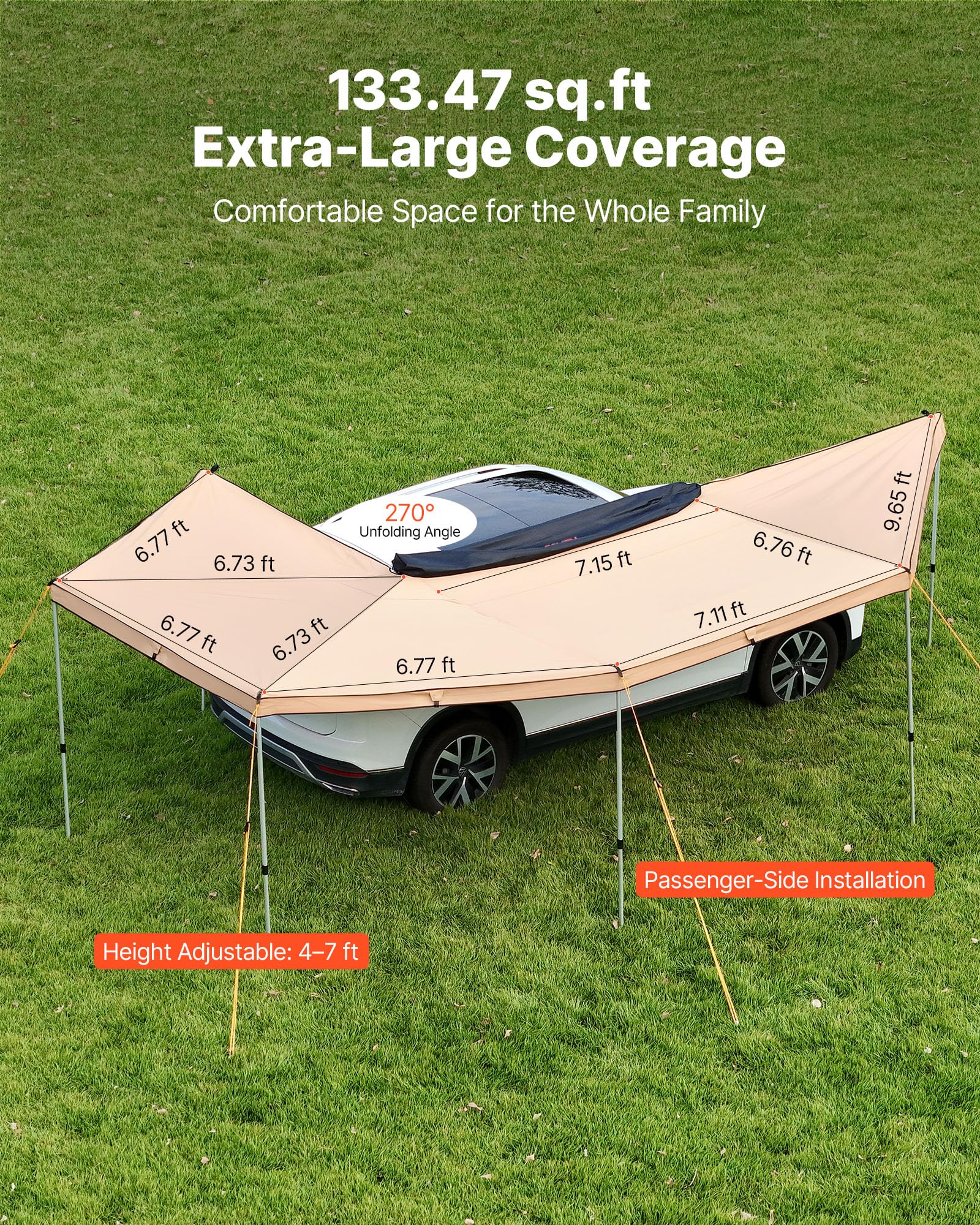 VEVOR Auvent 270 Degrés 6,08x2,10 m Auvent Voiture Latéral Côté Passager Rétractable Abri Autoportant Toutes Saisons Étanche UV50+ pour Véhicule SUV Fourgonnettes Camionnettes, avec Sac de Rangement