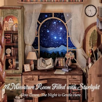DolphinIsle Book Nook Kits for Adults, DIY Booknook Bookshelf Decor 3D Wooden Puzzle Starlight Reading Nook with Twinkling Starry Sky