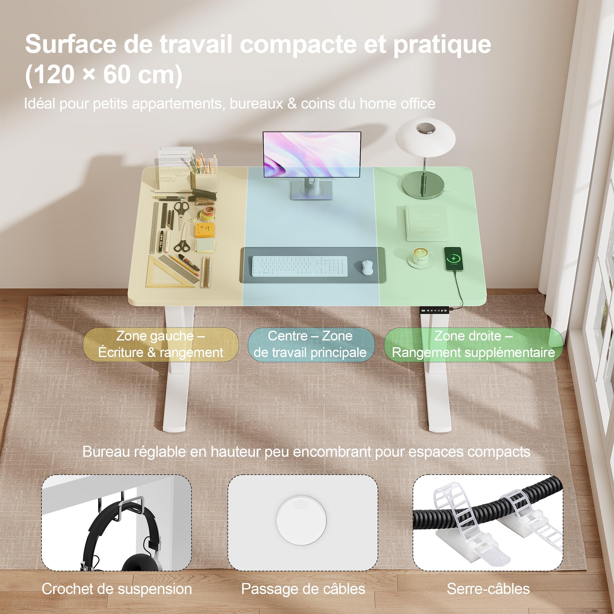 JUMMICO Bureau Assis-Debout Électrique 120x60cm, USB & 2 Mémoires, Blanc | Moteur Silencieux, Surface Anti-Rayures, Structure Métal Stable. Idéal pour Télétravail & Gaming, Hauteur 72-116 cm