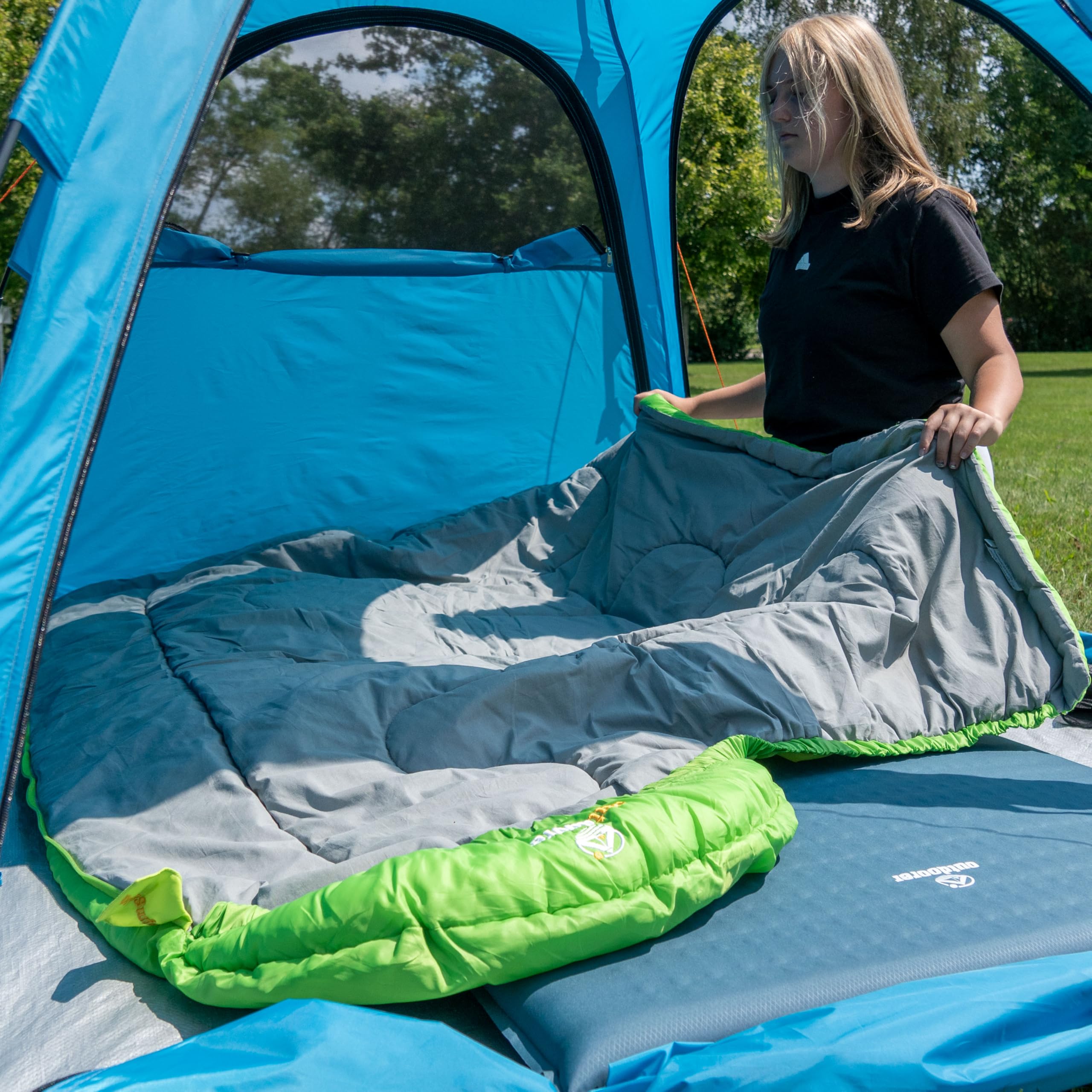 outdoorer Śpiwór dziecięcy DreamSurfer wraz z dzieckiem – śpiwór dla dzieci i młodzieży w kolorze niebieskim lub różowym (zielony/biały)