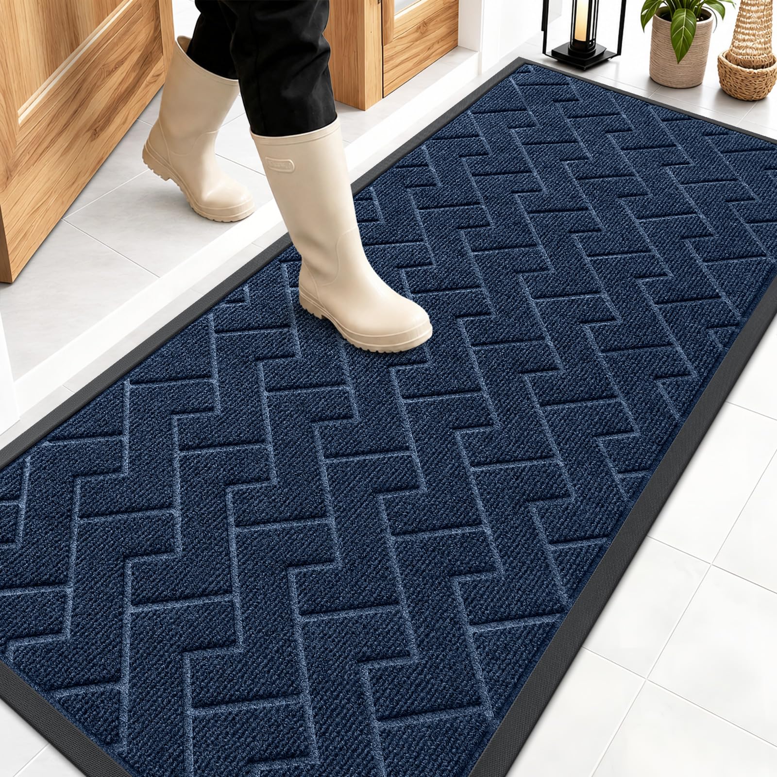OLANLY Front Door Mat Outside 59x23, All-Season Absorbent Rubber Doormat | Blue, Heavy-Duty, Stain and Fade Resistant, Waterproof Non-Slip Backing, Low-Profile Indoor Outdoor Floor Mat for Entryway