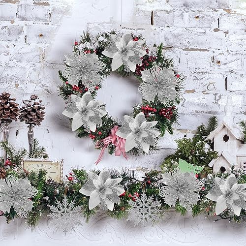 Miniatura 3 de RECUTMS Juego de 60 piezas de flores de Pascua artificiales con purpurina, 3 estilos, para decoración de árbol de Navidad, corona de boda,