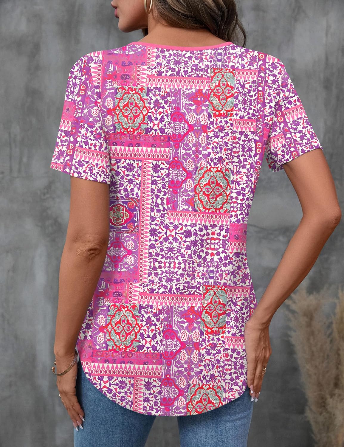 LOMON Womens Criss Cross Short Sleeve T-Shirts V-Neck Floral Summer Blouse Tops - Image 2