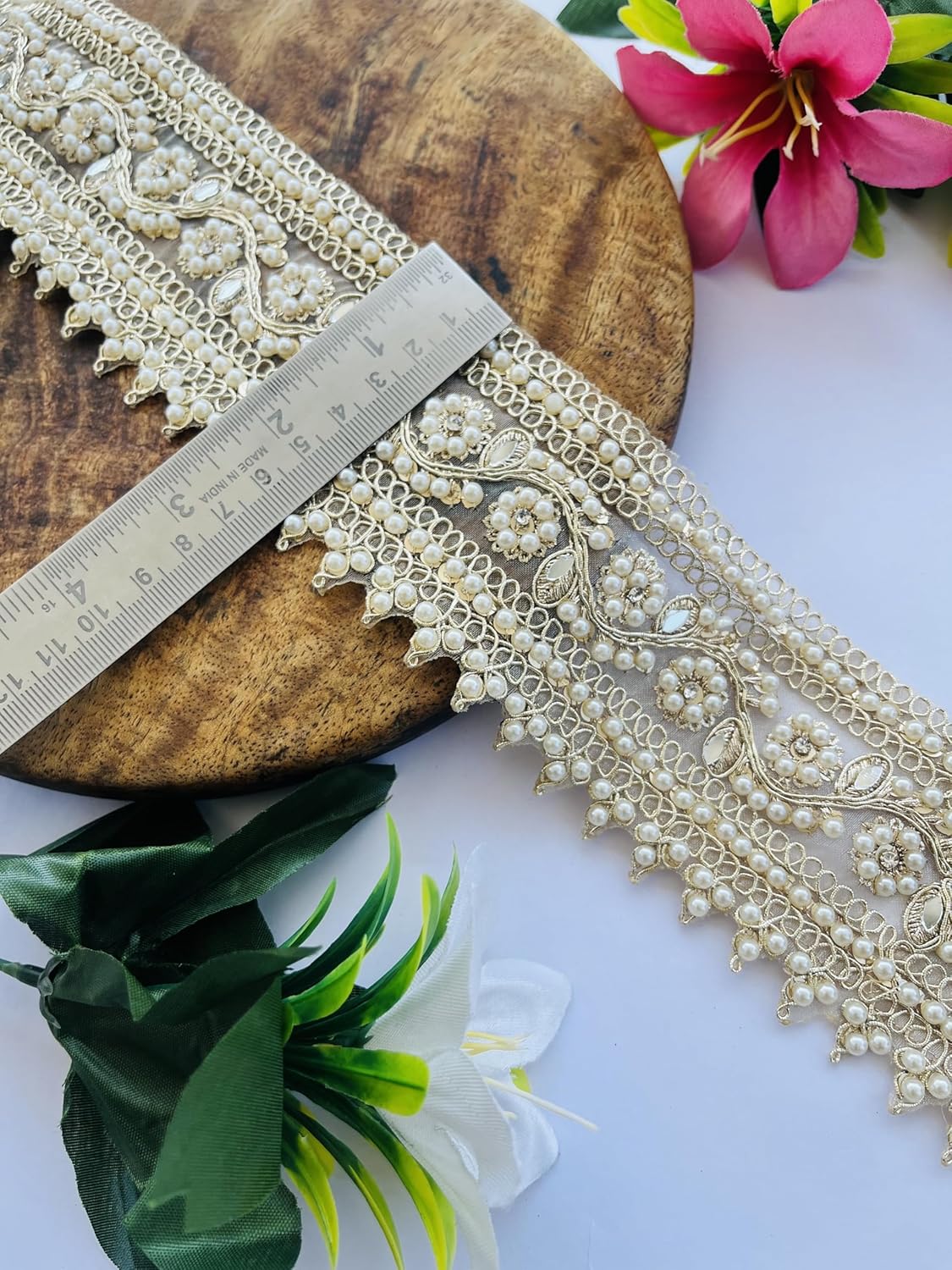 Mirror Pearl Zircon Flower Trim – 2.5 Inch Wide Decorative Border for Sarees, Dresses, Dupattas, Crafts | Handmade Lace | Available in 1, 3, 6 Yard (6)
