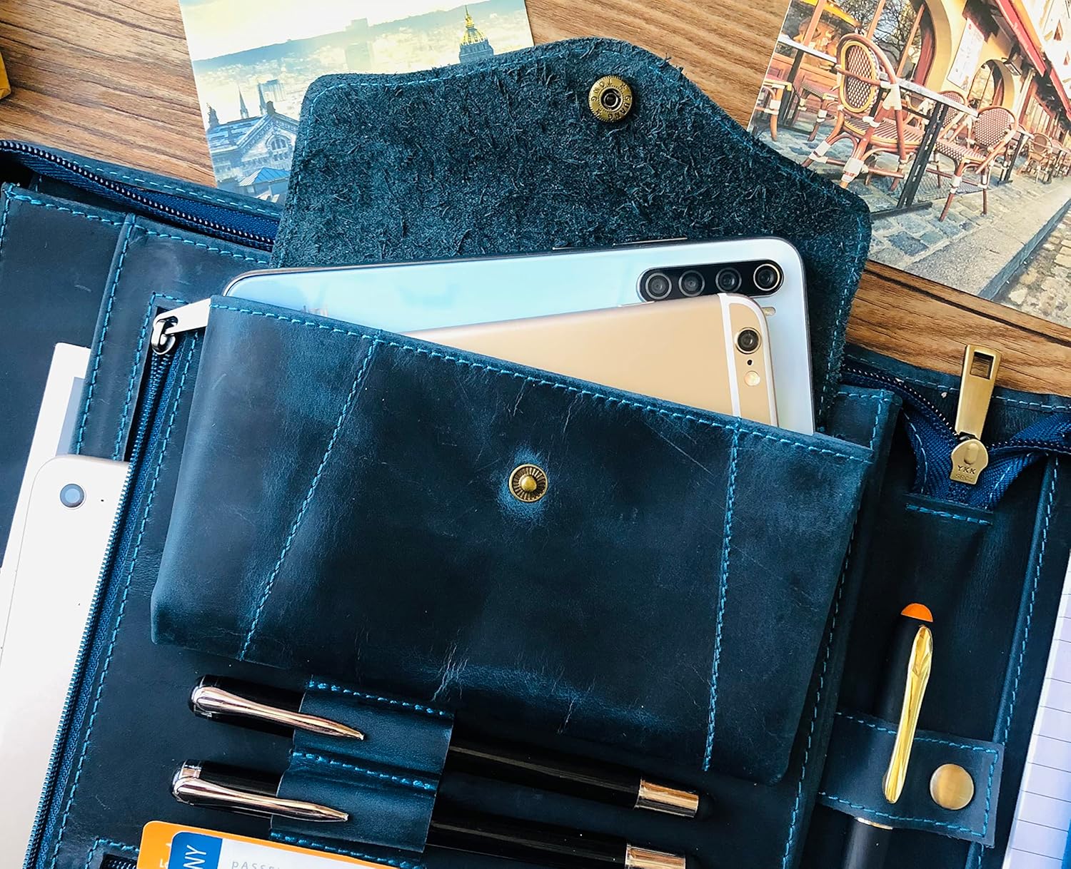 Personalized Leather Portfolio, Letter Size Organizer Folders, Zippered Leather Portfolio, Leather Padfolio, A4 Notebook Holder, Portfolio Carrying Case for 14-inch Laptop, Blue