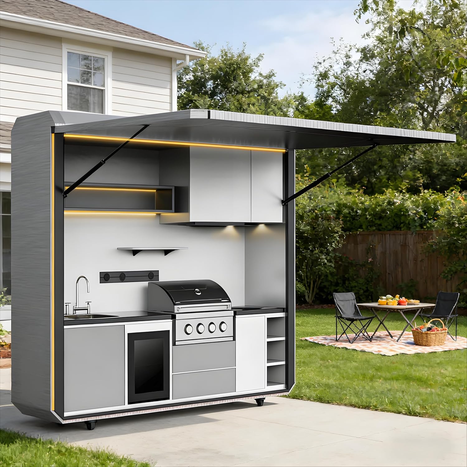 Outdoor Kitchen with Sink Modular BBQ Grill Island Stainless Steel for Backyard Patio Deck, Weatherproof Rust Resistant Outdoor Cooking Island with Storage Drawers for Home Residential Entertaining