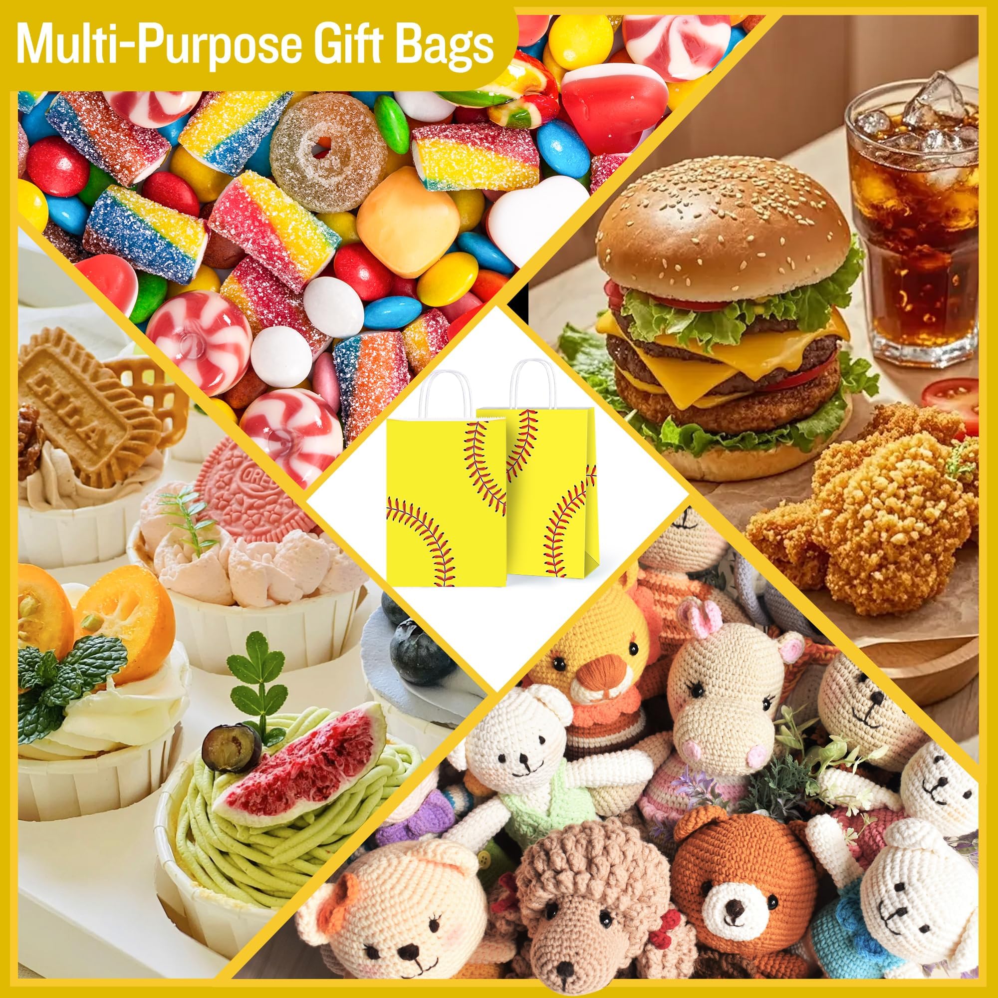 MIMIND 16 Pack Softball Gift Bags with Handles Paper Party Favor Goodie Bags Softball Treat Bags for Birthday Game Day Sport Themed Party Supplies