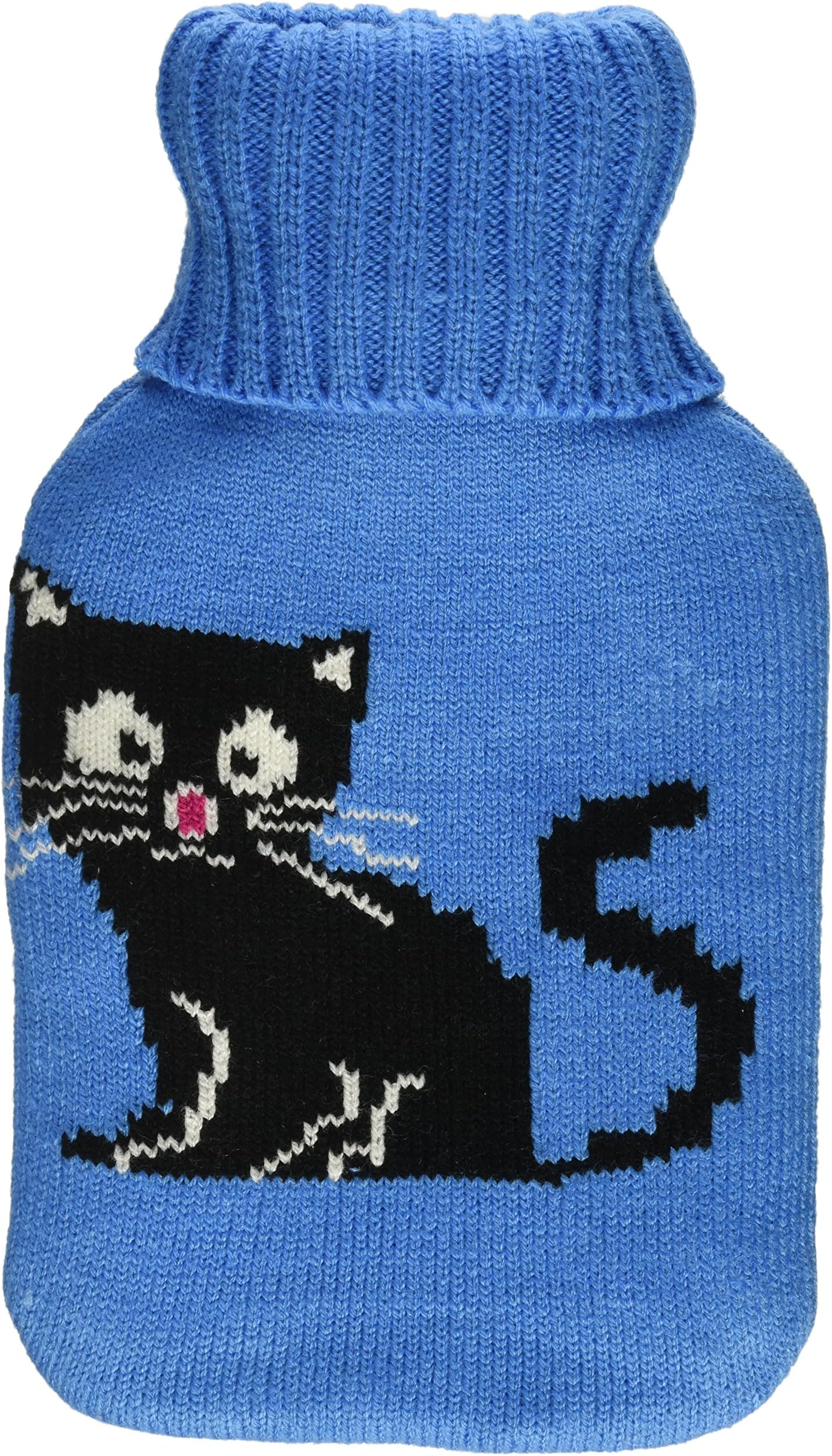 Premium Classic Rubber Hot Water Bottle w/Cute Knit Cover (1 Liter, Blue/Blue with Black Cat)
