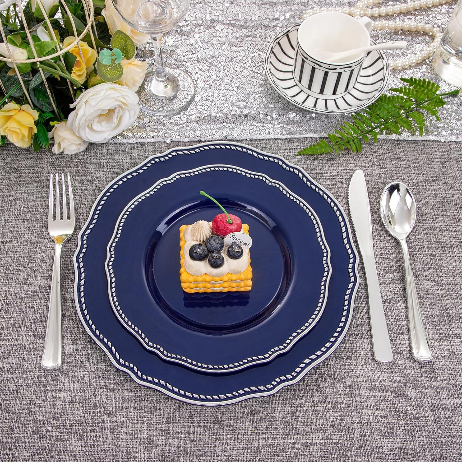 Hioasis 60pcs Blue Plastic Plates - Blue and Silver Disposable Dinnerware with Gold Rim, Heavy-duty, 10.25 inch, Dinner Plates for Party & Wedding - Image 7