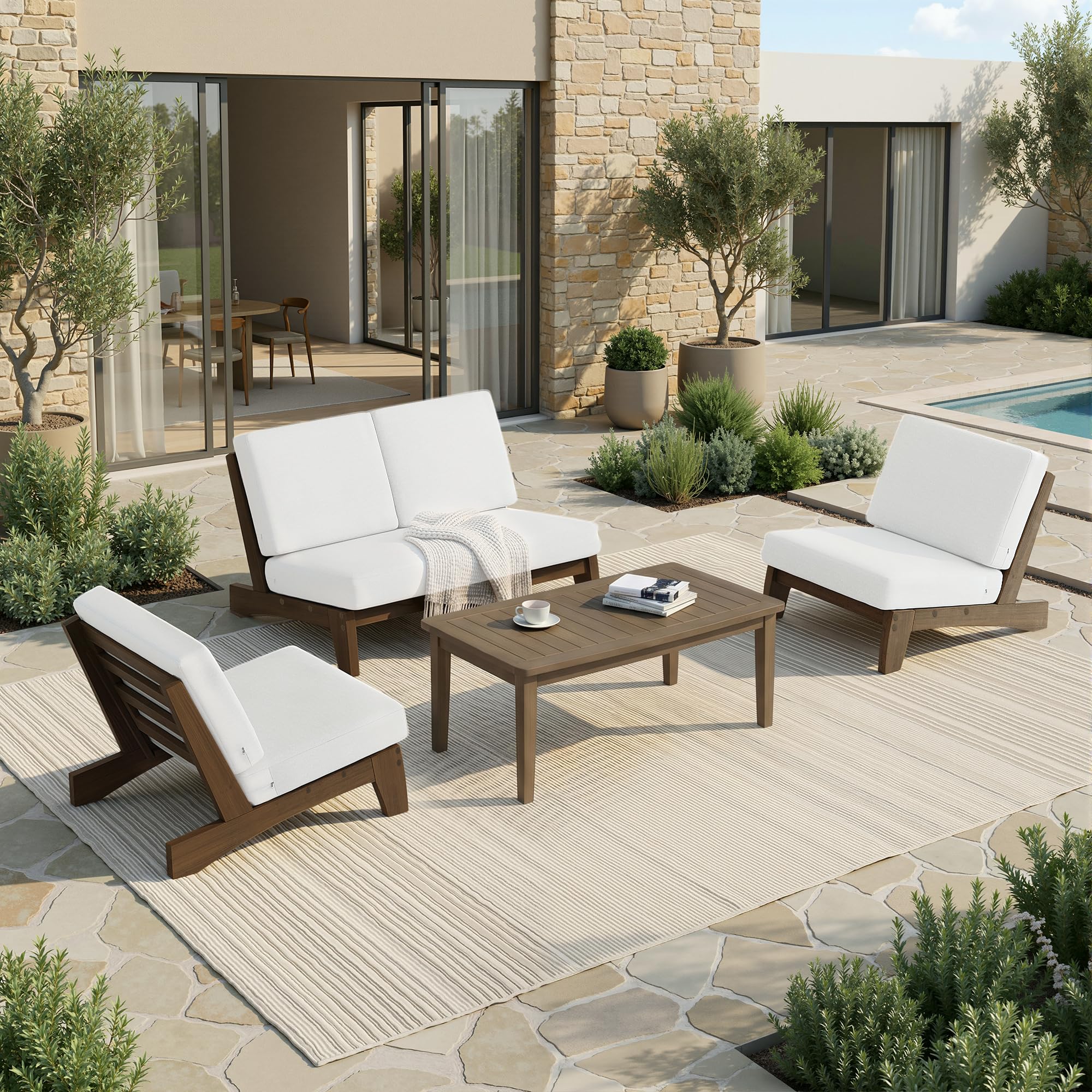 Pia Ricoo 4 Piece Patio Furniture Sets, Outdoor Loveseat Sofa Set with 2 Chairs &amp; Coffee Table, Patio Conversation Set for Backyard, Deck, Lawn, Beige