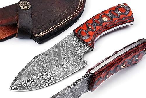 Markhor knives Damasco - Cuchillo táctico de caza hecho a mano de 8.0 pulgadas, mango exótico hecho de madera de Pakkawood roja y negra con funda de