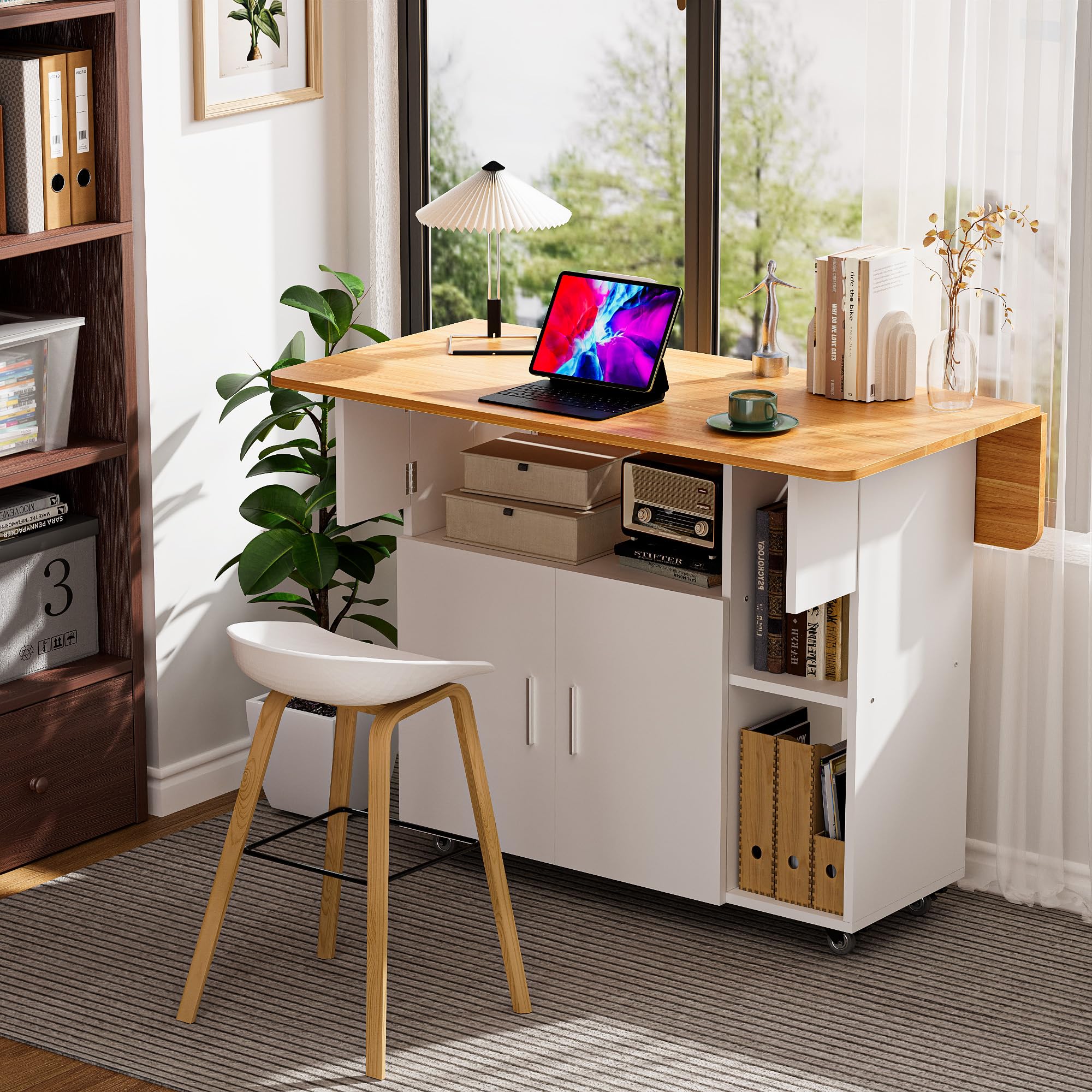 Mesa de Comedor Plegable Mesa de Cocina con Ruedas 1 Armario Grande y 3 Compartimento Abierto Aparador móvil Mesas para Espacios pequeños Comedor Cocina 100 x 70 x 79 cm Naranja y Blanco