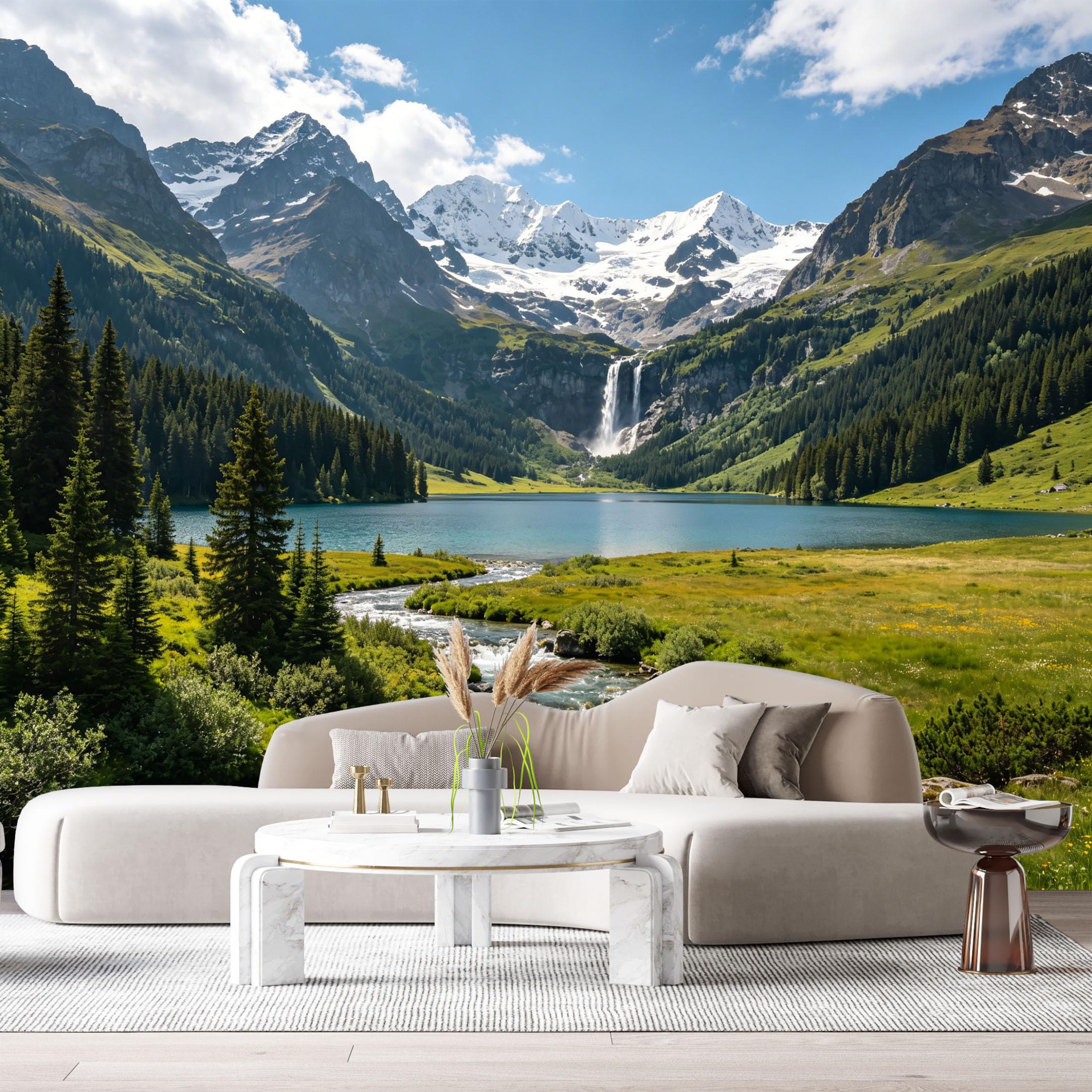 Custom Size Wall Murals Mountain Lake Landscape Waterfall Forest Valley Scenic View SelfAdhesive Wall Fabric Removable Large Wallpaper for Living Room