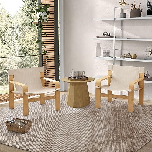 Miniatura 9 de Ball & Cast Silla decorativa con reposabrazos anchos, sillas de sala de estar de mediados de siglo con sillón de tela de lino y marco de madera de